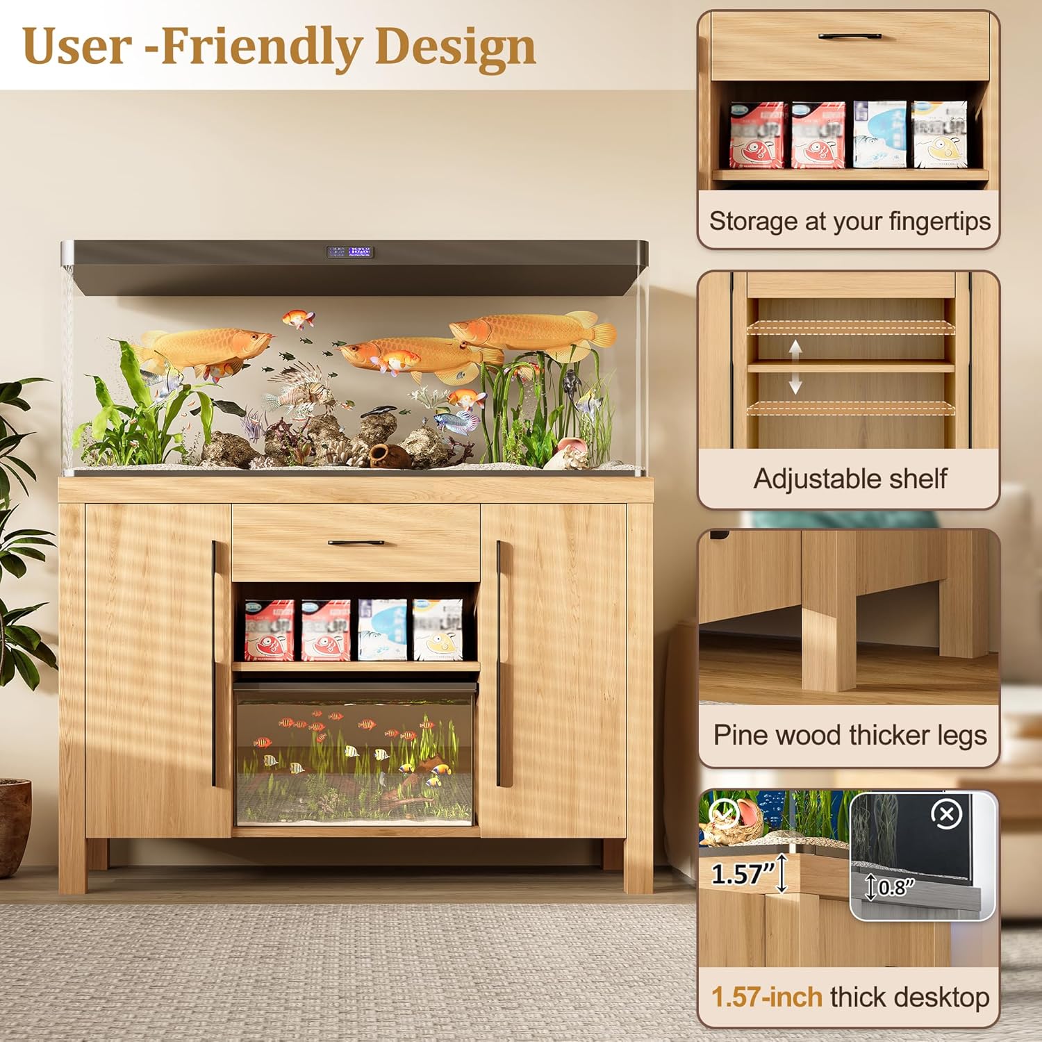 55–75 Gallon Fish Tank Stand with Cabinet Storage and Power Outlets (4 AC 2 USB), Natural Wood Aquarium Cabinet with Drawer & Shelves, MDF + Pine Frame, 880LBS Capacity
