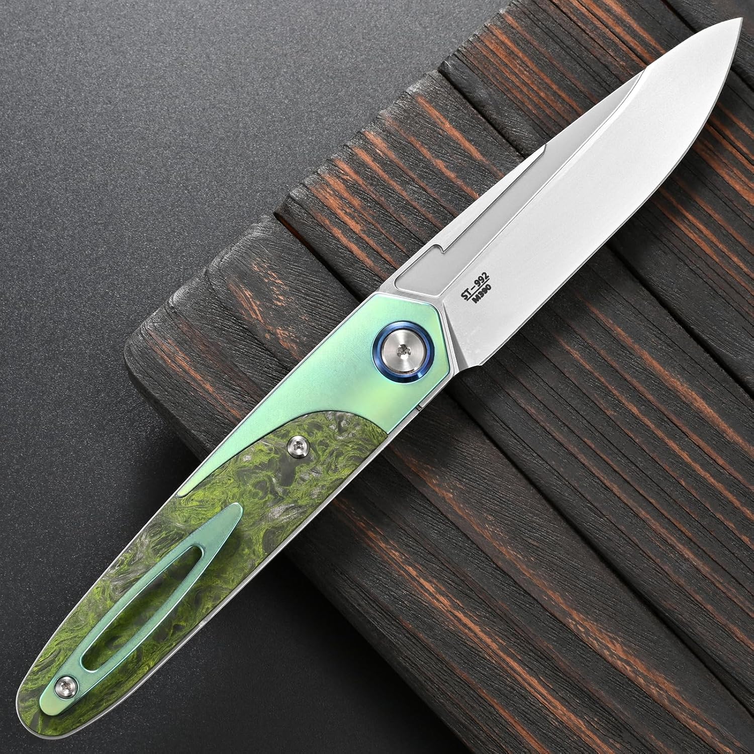 Sitivien ST992 Folding Pocket Knife,Handmade M390 Pearlescent Brushed Steel Blade,Titanium Carbon Fiber Handle EDC Tool Knife for Outdoor Camping,Hiking,Survival,Hunting(Green) … … …