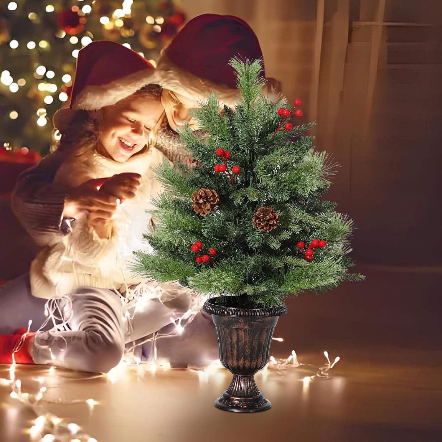 Garvee 2 Ft Pre-Lit Tabletop Christmas Tree, Small Christmas Tree, Artificial Mini Xmas Tree with Pine Cones & Red Berries for Home Office Holiday Decor