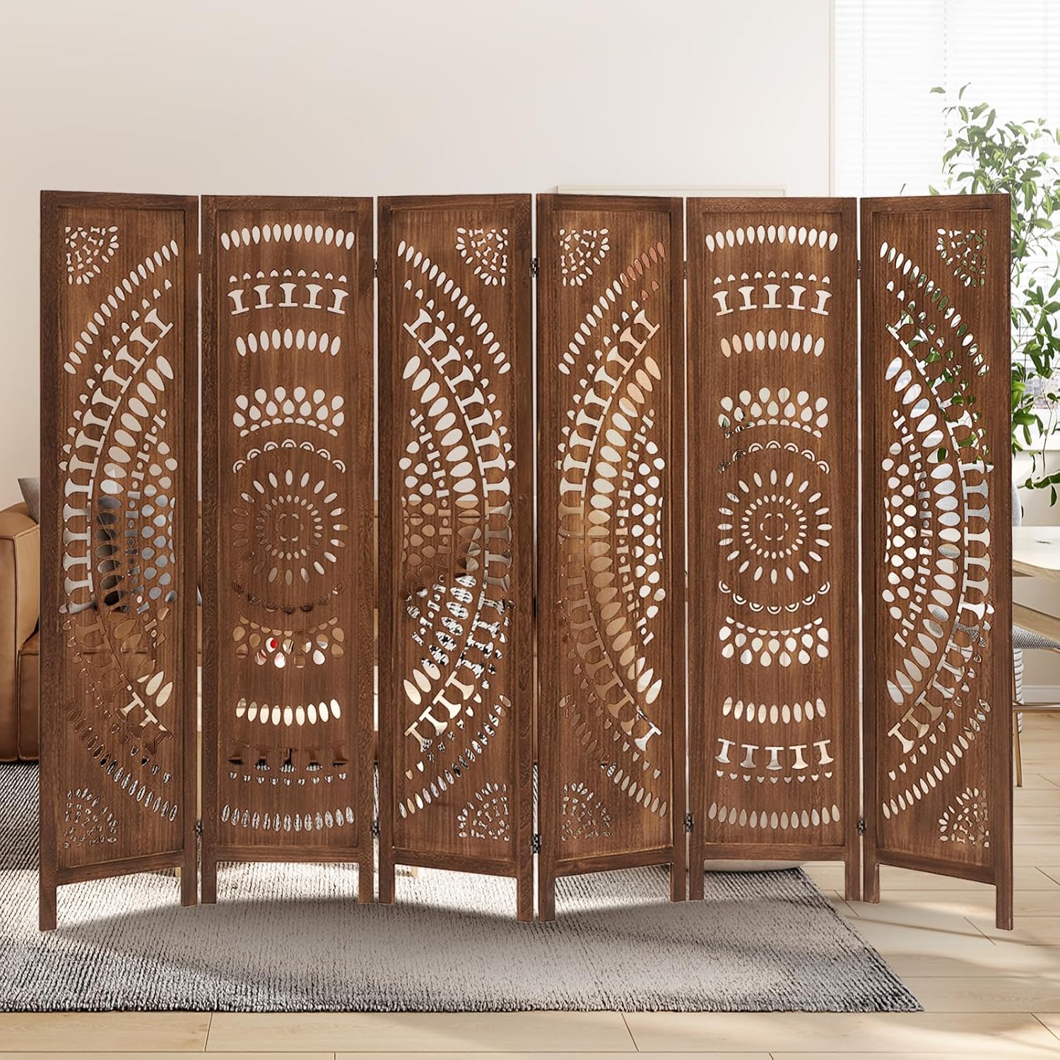 Carved Room Divider Wall, 5.6 FT Tall Room Divider Room, 6 Panel Wood Screen, Portable Freestanding Wall Divider Screen for Room Separation Home Bedroom Office Restaurant (Dark Brown)