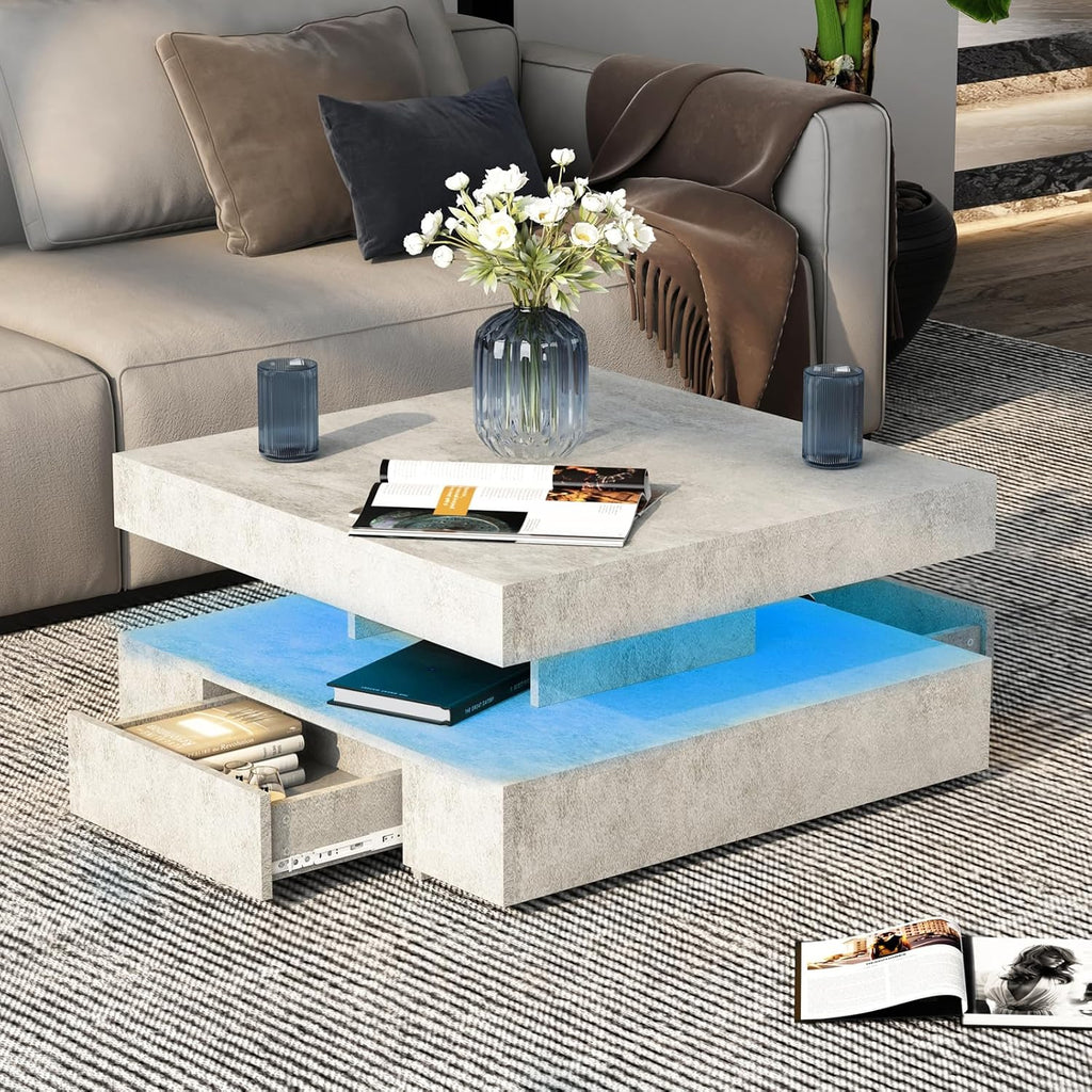 Grey LED Coffee Table with 2 Storage Drawers for Living Room Square Center Middle Table Modern Cocktail Table with Light 2-Tier Tea Tables Contemporary Mid Century Wood Home Office Waiting Room