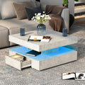 Grey LED Coffee Table with 2 Storage Drawers for Living Room Square Center Middle Table Modern Cocktail Table with Light 2-Tier Tea Tables Contemporary Mid Century Wood Home Office Waiting Room