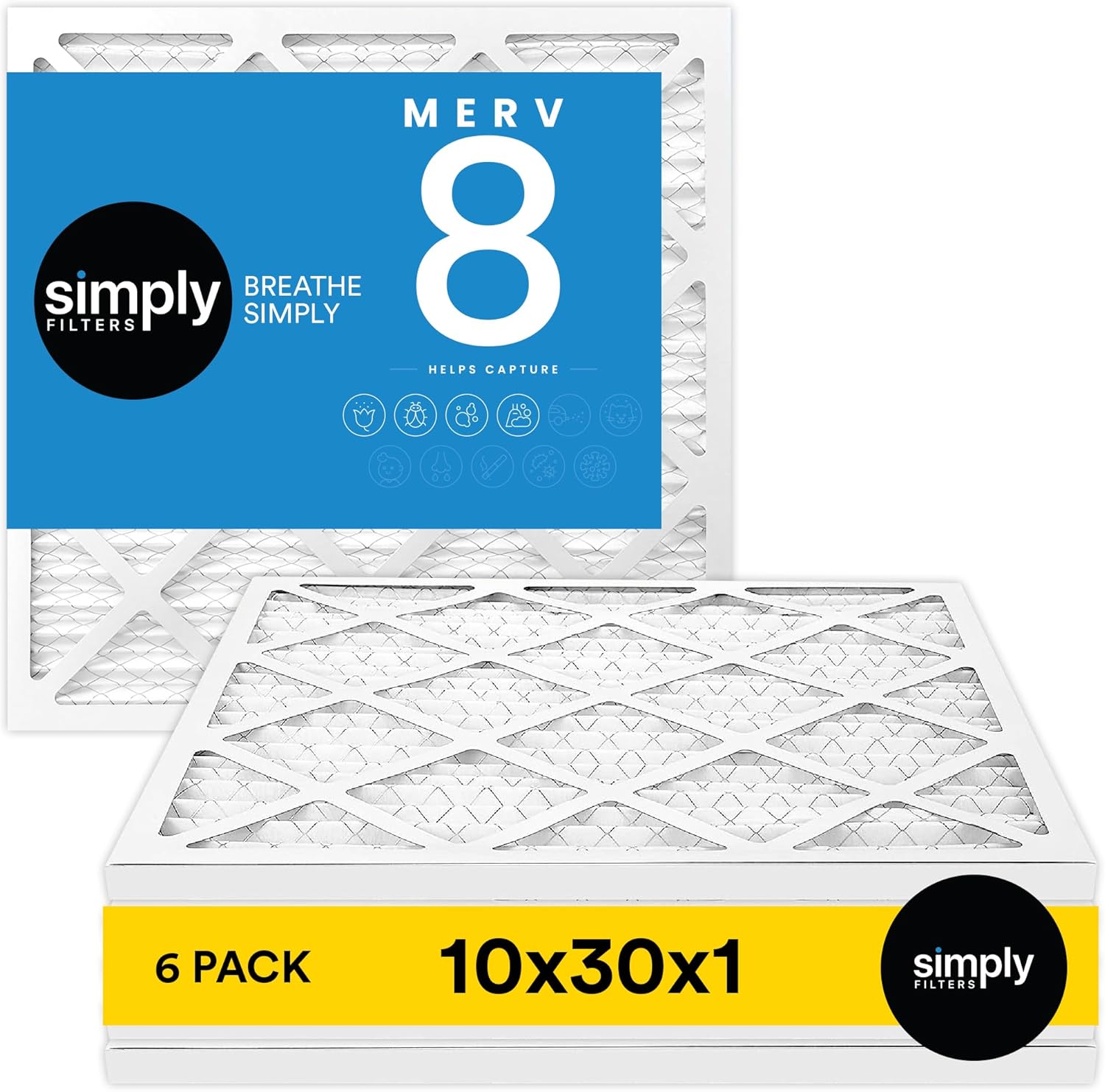 Simply 10x30x1 Air Filter, Merv 8, 6 Pack, For Home AC Furnace & HVAC (Actual Size: 9.75"x29.75"x0.75") DUST, Pet, & Allergy Control