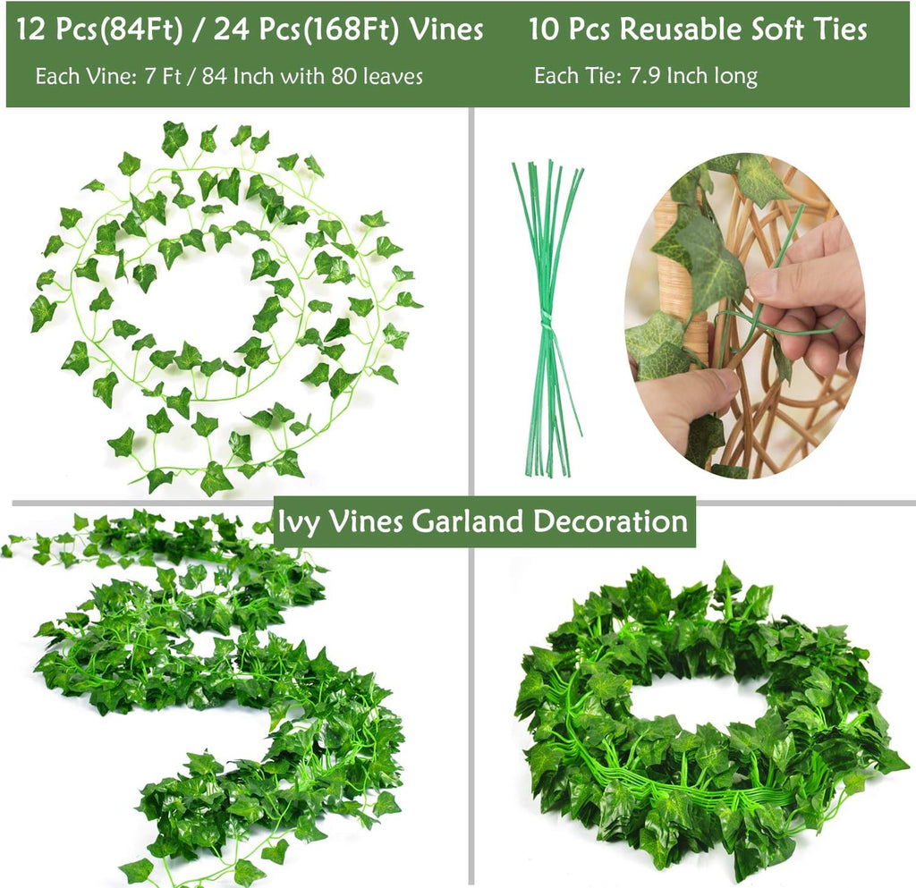 Naidiler 84 Ft 12 Strands Fake Ivy Leaves Artificial Ivy Garland Greenery Decor Faux Green Hanging Plant Vine for Wall Party Wedding Room Home Kitchen Indoor & Outdoor Decoration