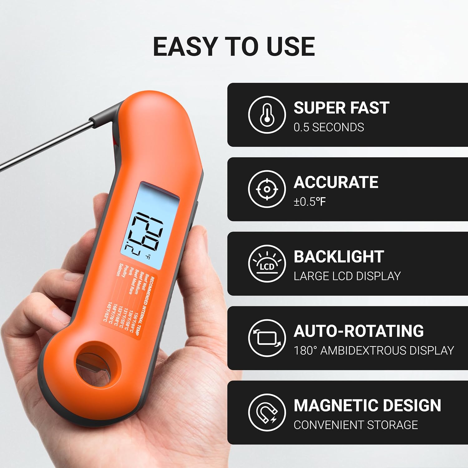 Professional Meat Thermometer Digital, Ultra-Fast 0.5 Sec Instant Read, NIST Certified ±0.5°F Accuracy, IP67 Waterproof, Auto-Rotating Backlit Display, Lift-to-Wake, for BBQ/Candy, Orange&Gray