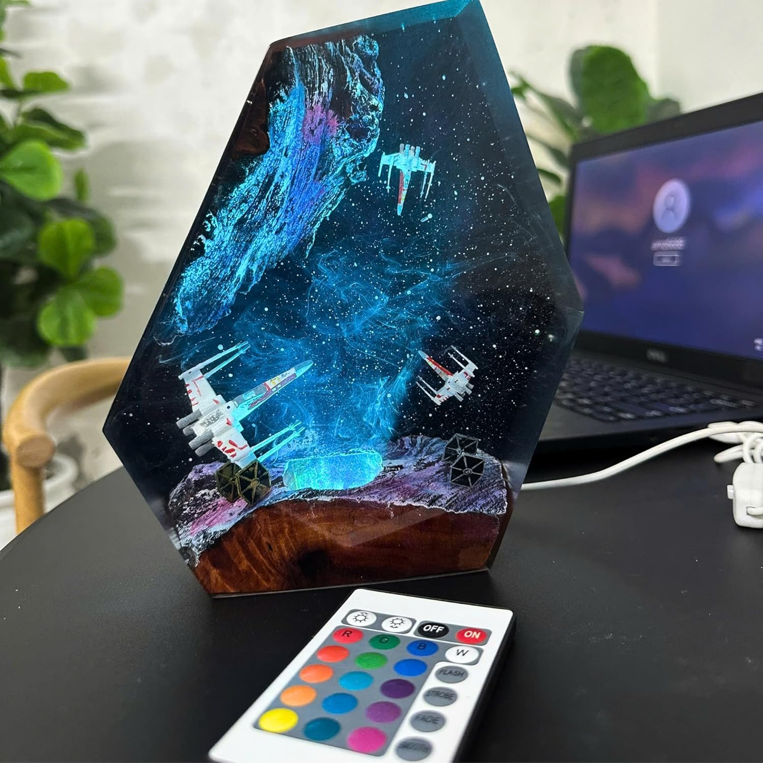 Galaxy Space Resin Lamp – Resin Art Night Light with 16 Color LED, USB Powered Desk Lamp with Wooden Base & Remote,Handmade Gift for Christmas, New Year