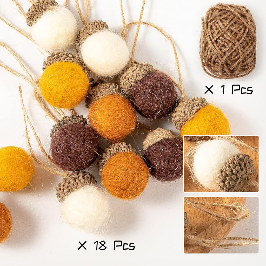 Boao 18 Pcs Felt Acorn Ornaments Fall Thanksgiving Wool Pom Acorn Ball Decor Hanging Pine Cone Garland with 32.8 ft Rope for Christmas Tree Woodland Farmhouse Mantel Wall Decor