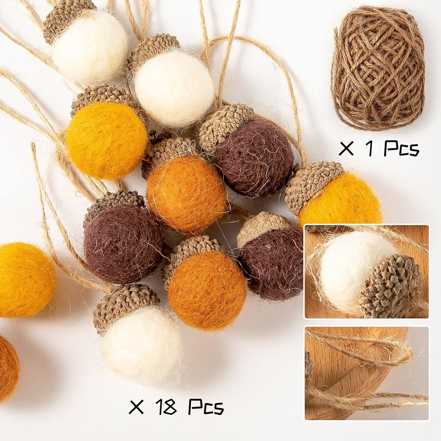 Boao 18 Pcs Felt Acorn Ornaments Fall Thanksgiving Wool Pom Acorn Ball Decor Hanging Pine Cone Garland with 32.8 ft Rope for Christmas Tree Woodland Farmhouse Mantel Wall Decor
