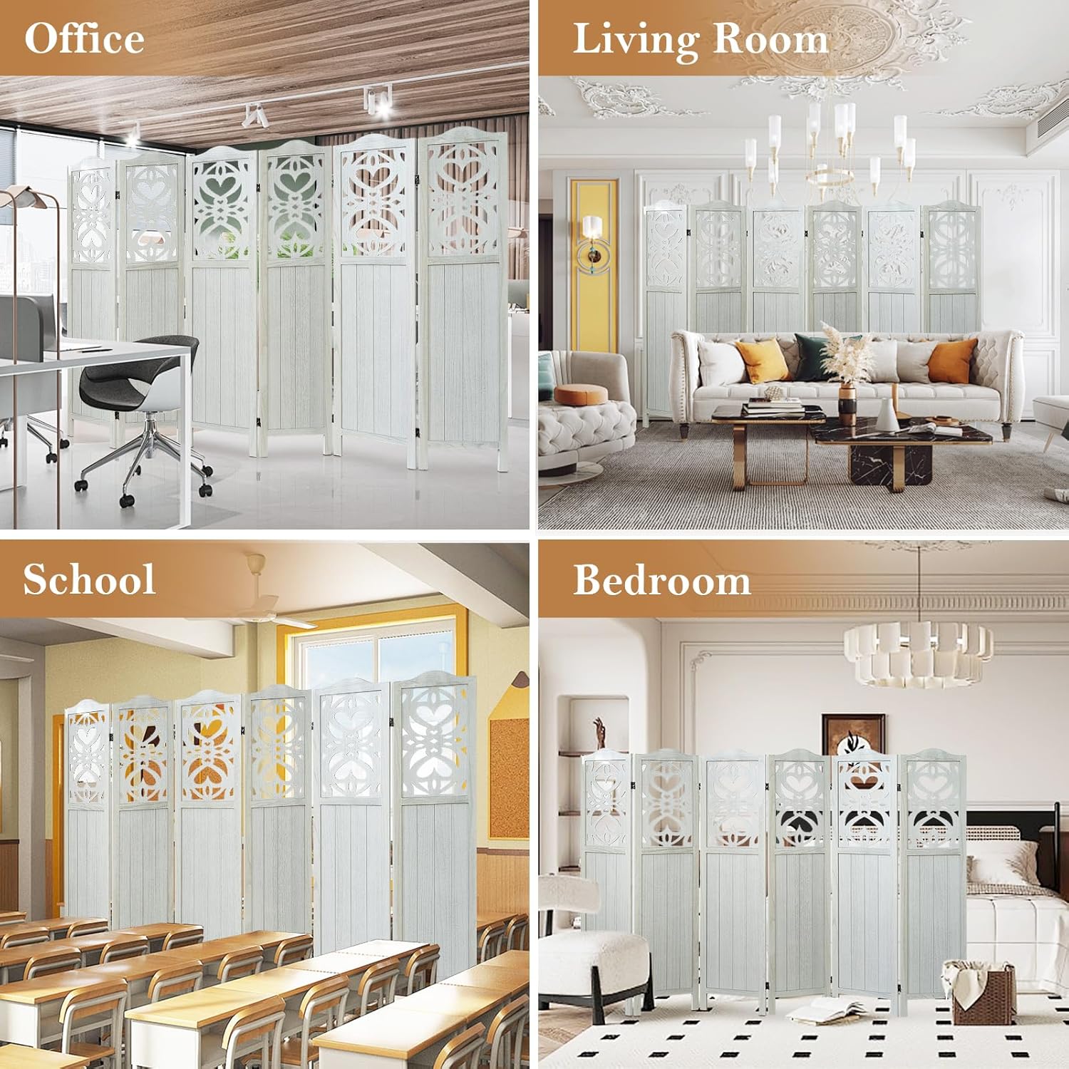6 Panel Wood Room Divider 5.6Ft Carved Room Divider and Folding Privacy Screen, Minimalism Portable Partition Screen Divider for Room Separation, Room Decoration for Home Office - White