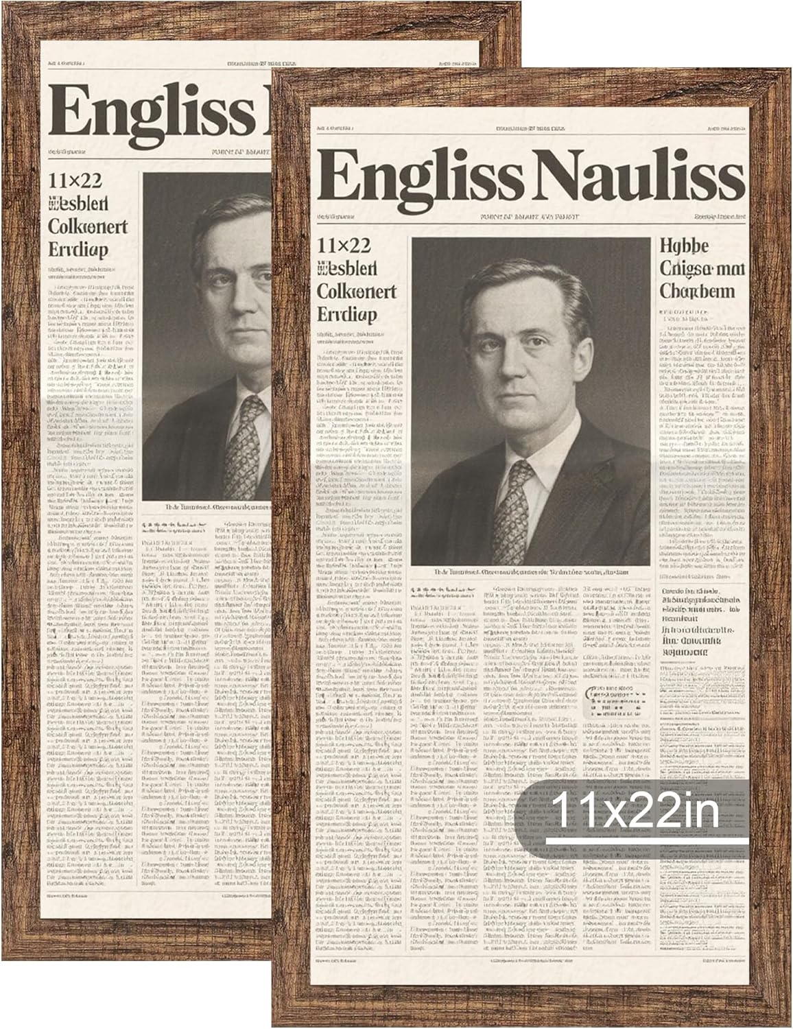 11x22 Newspaper Frame 2 Packs, Real Glass and Rustic Brown Wood Frame, Display Panoramic 11 x 22 Magazine Frames - Horizontal or Vertical Wall Mounting