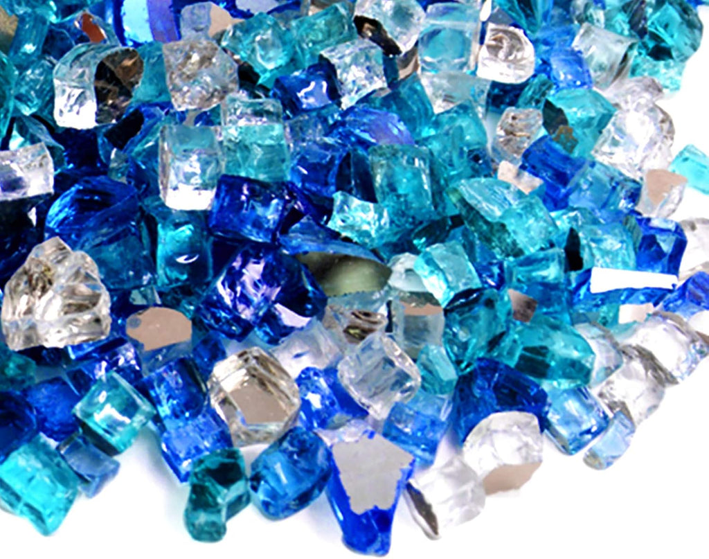 Skyflame 10-Pound Blended Fire Glass for Fire Pit Fireplace Landscaping, 1/4 Inch Aqua Blue, Platinum, Cobalt Blue, Reflective