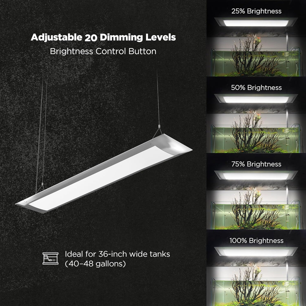 ONF Flat One+ 36 Inch 24/7 Cycle Aquarium Light, Yellow White Full Spectrum Colorfull LED Light, Fish Tank Light Brightness Dimmable & Color Temperature APP Control, Sunrise & Sunset, Pendant Style