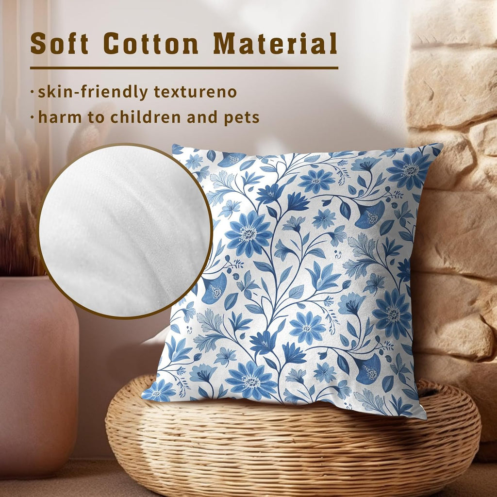 Boho Chic Blue Floral Throw Pillow Covers Set of 2 Ultra-Soft All-Season Pillow Shams with Hidden Zipper,Durable for Sofa Bed Car Decor & Gift Luxury 18x18IN