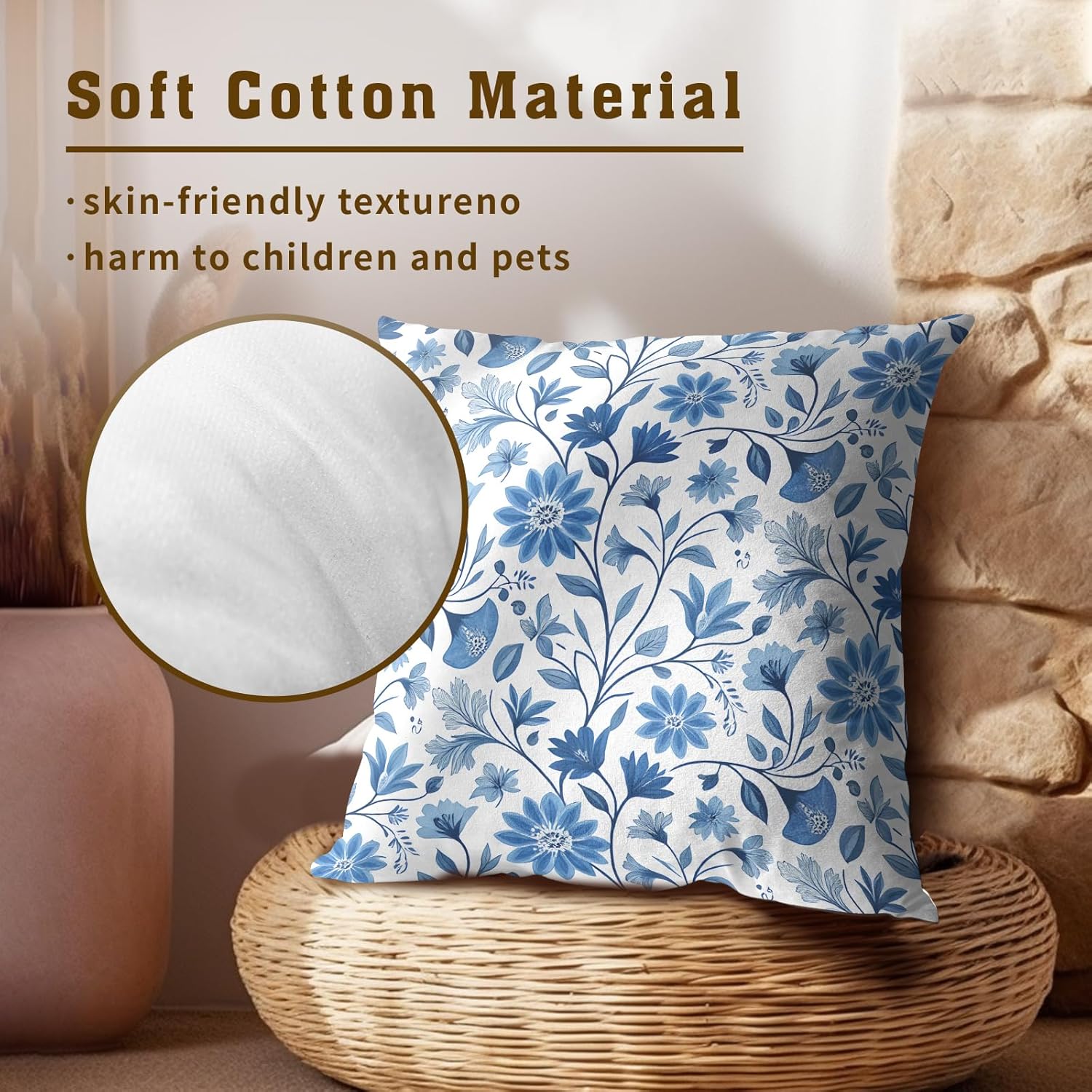 Boho Chic Blue Floral Throw Pillow Covers Set of 2 Ultra-Soft All-Season Pillow Shams with Hidden Zipper,Durable for Sofa Bed Car Decor & Gift Luxury 18x18IN