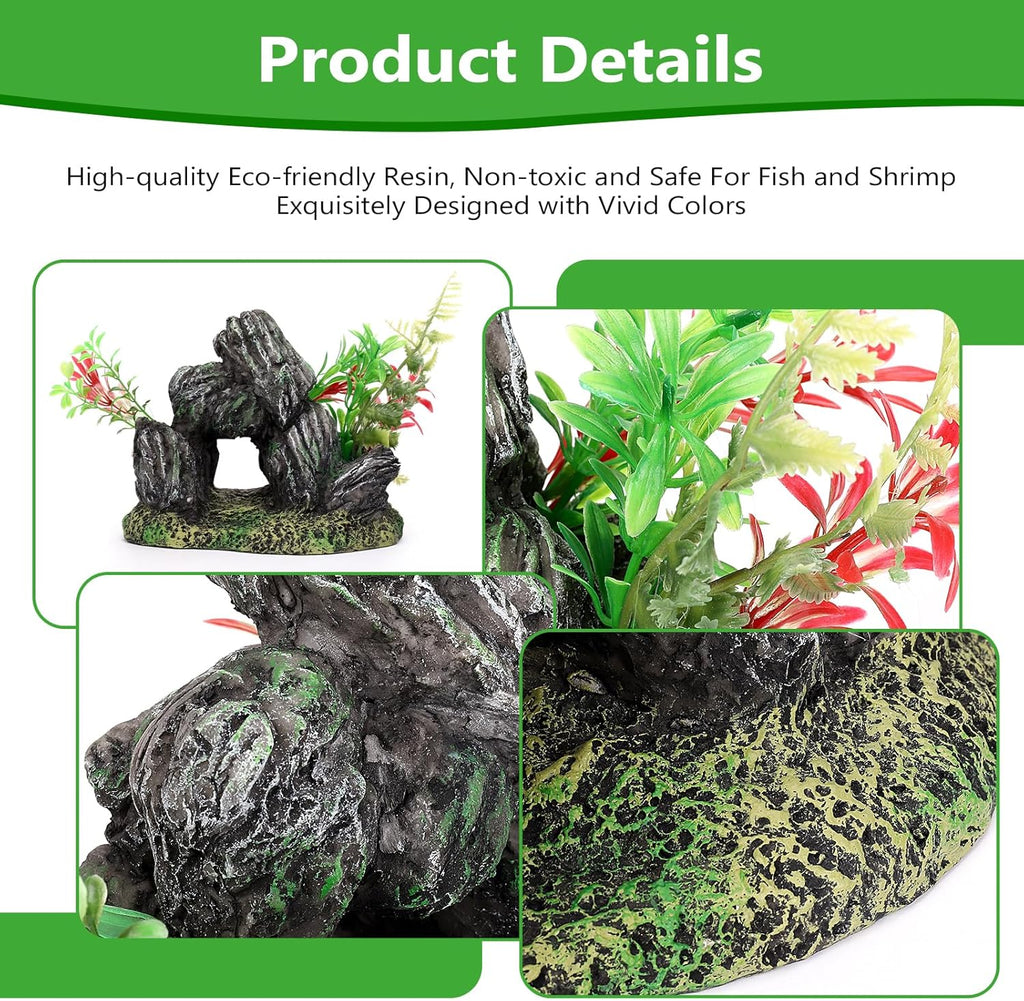 Stone with Plants Aquarium Decoration Resin-Artificial Rock & Greenery Ornament with Large Swim-Through Holes-Approx. 6.9" L x 5.1" W x 5.1" H(Stone&Plants)