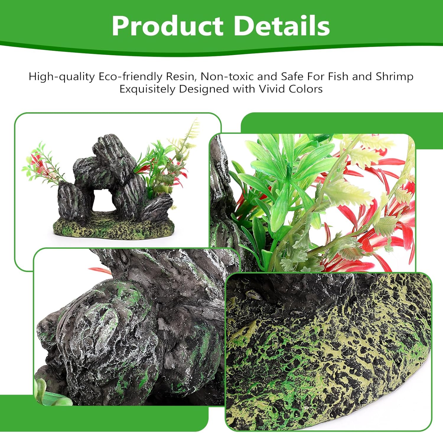 Stone with Plants Aquarium Decoration Resin-Artificial Rock & Greenery Ornament with Large Swim-Through Holes-Approx. 6.9" L x 5.1" W x 5.1" H(Stone&Plants)