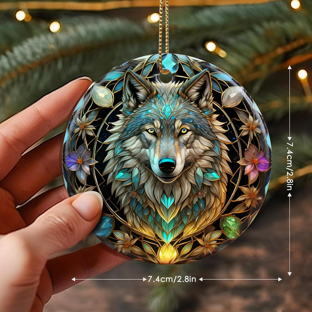 Stained Ceramic Wolf Ornament - Wolf Christmas Ornaments - Christmas Tree Ornaments - Christmas Decorations - Wolf Decor for Office, Room, Home - Holiday Present Ideas