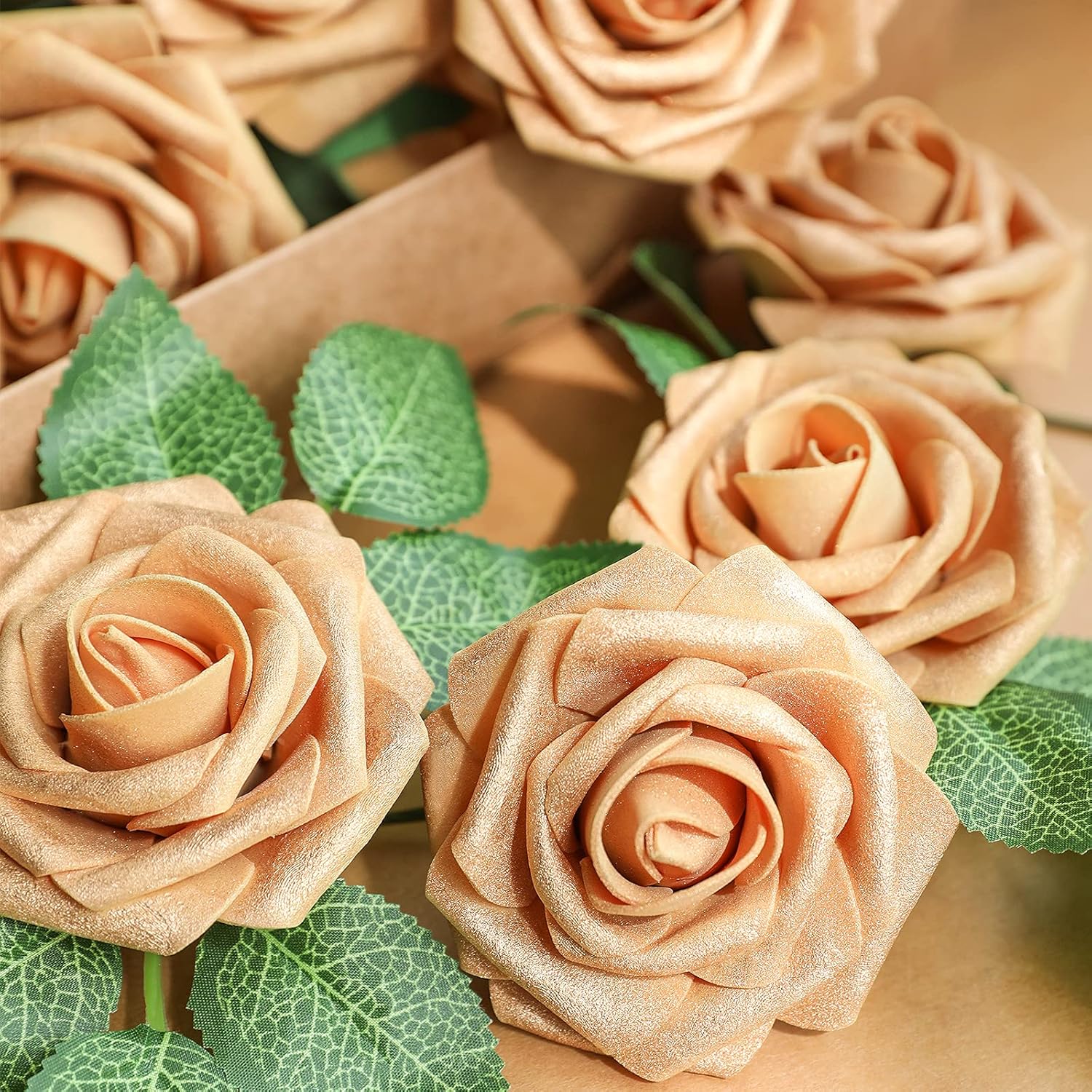AmyHomie Artificial Flower Gold Rose 25pcs Real Looking Fake Roses w/Stem for DIY Wedding Bouquets Centerpieces Arrangements Party Baby Shower Valentines Day Christmas Tree Decorations
