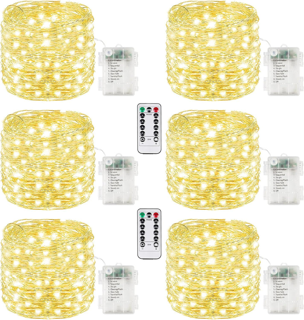 6 Pack 100LED Christmas Battery Operated Fairy Lights with Remote, 8 Modes String Light with Timer, Dimmable, Memory Function, Waterproof Twinkle Lights for Outdoor Indoor Christmas Decor(Warm White)