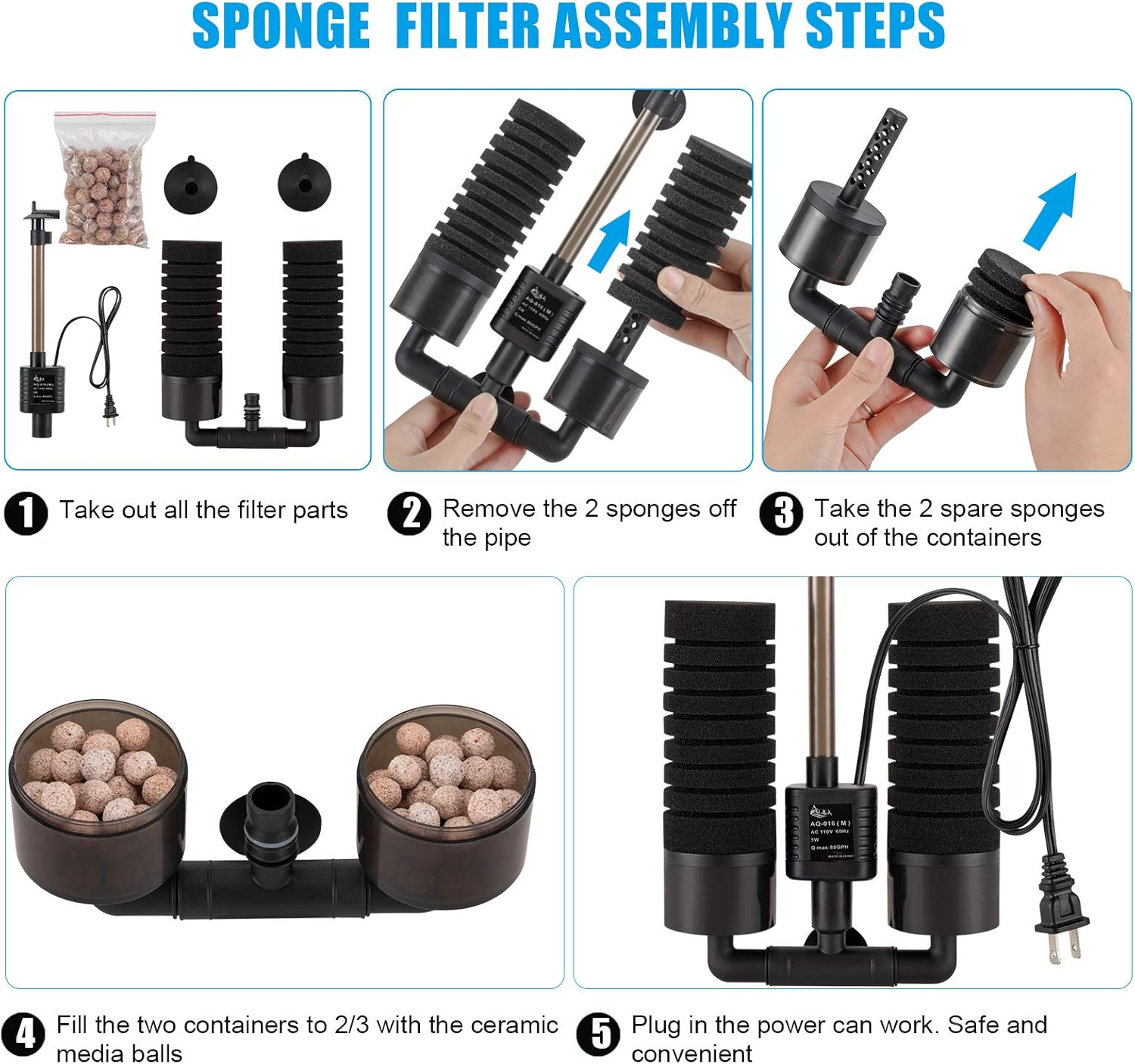 AQQA Aquarium Sponge Water Filter, Power Driven Double Biochemical Filter, Quiet Submersible Foam Filter with 2 Extra Sponges, 1 Bag of Filtered Ceramic Balls for Fresh and Salt Water Fish Tank (L)