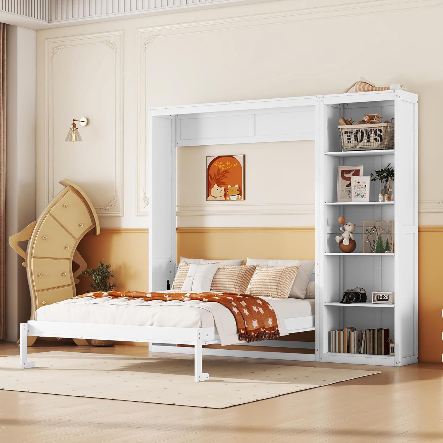 MERITLINE Full Murphy Bed with Storage Bookcase Shelves,Wood Folding White Murphy Wall Bed Cabinet
