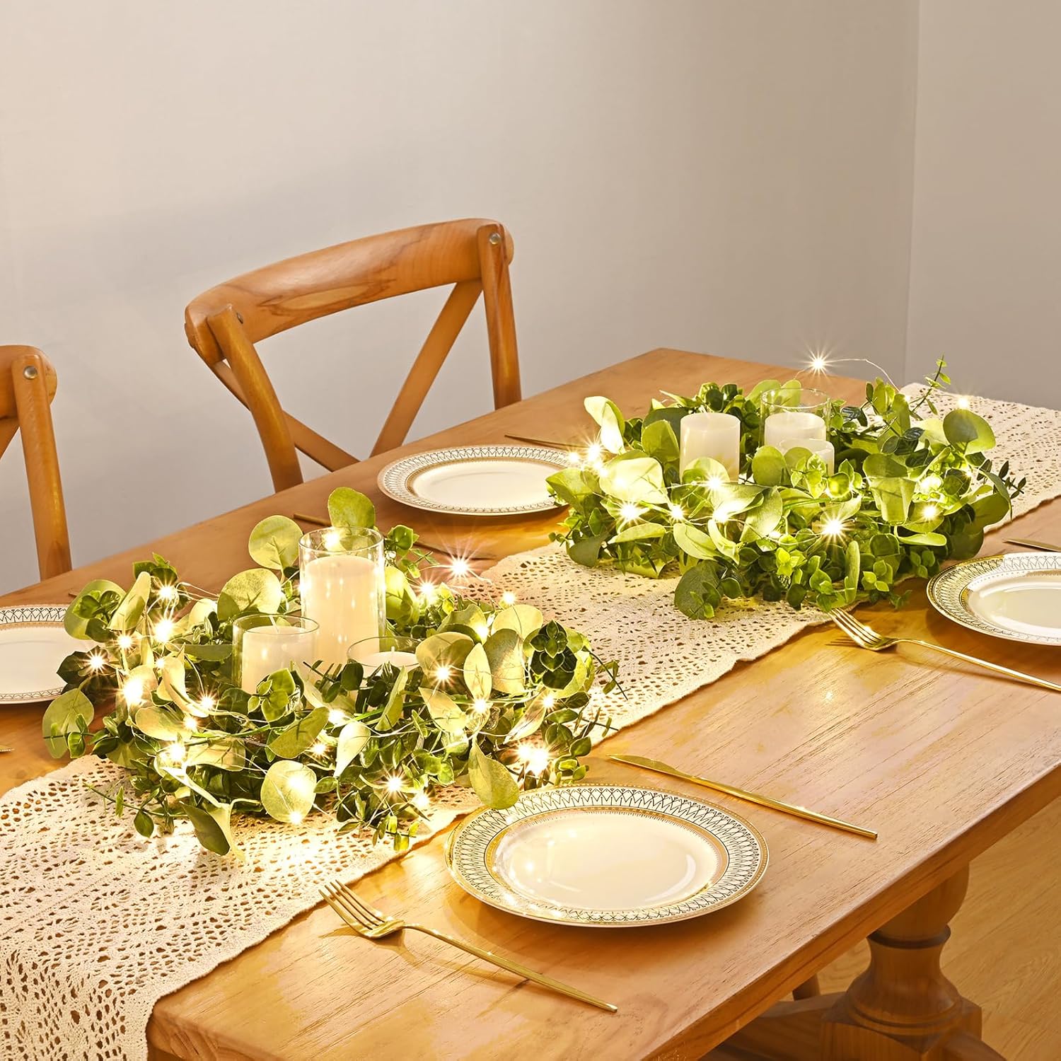Dolicer 2 Packs 6FT Artificial Eucalyptus Garland with LED Light String, Faux Greenery Garland Hanging Fake Silver Dollar Eucalyptus Leaves Vines for Wedding Backdrop Arch Table Wall Party Home Decor