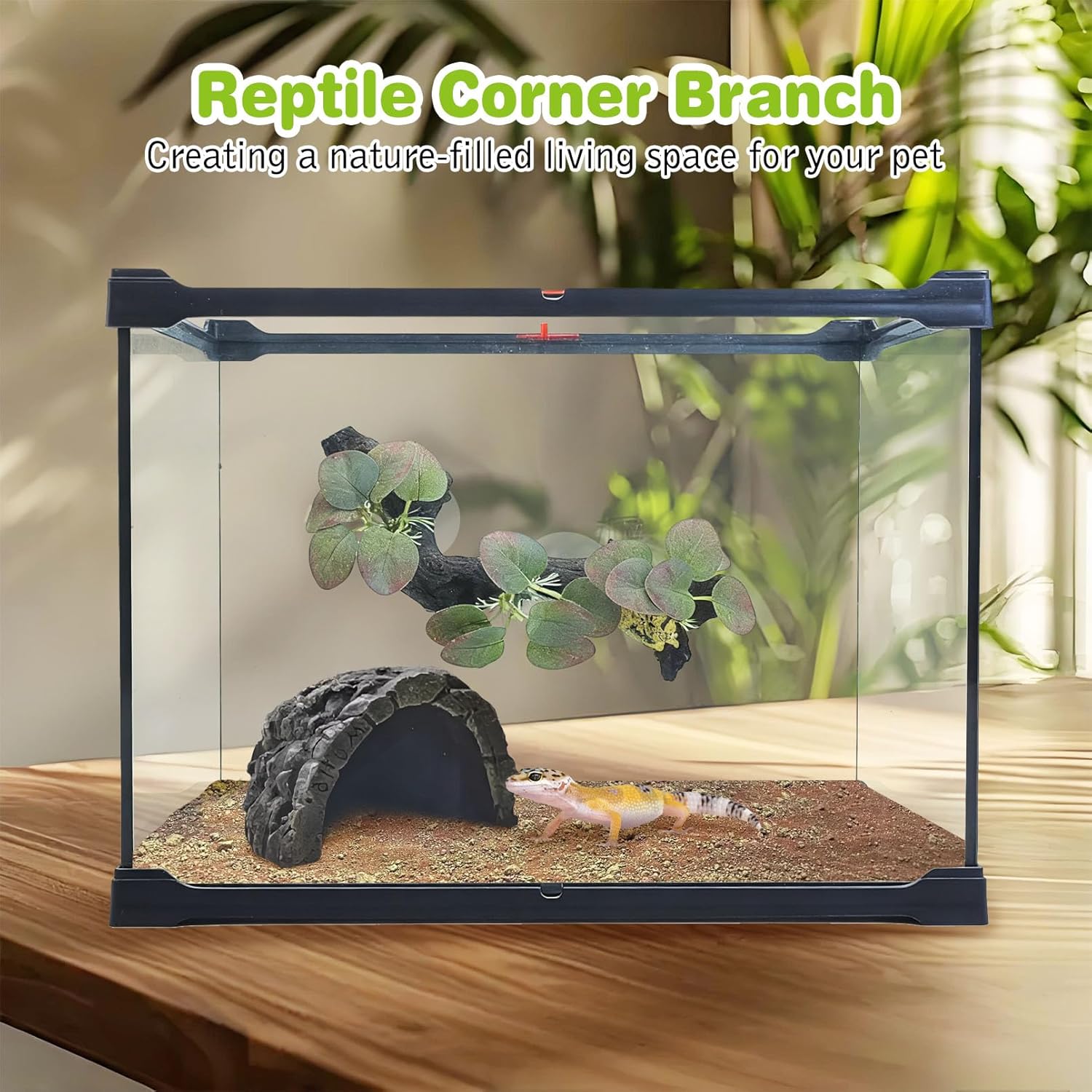 kathson 2 PCS Reptile Corner Branch Resin Snake Climbing Accessories with Leaves Terrarium Plant Decoration with Suction Cup for Lizard Frog Bearded Dragon Gecko Spider Climbing 7.8 x 3.1 x 1.4 inches