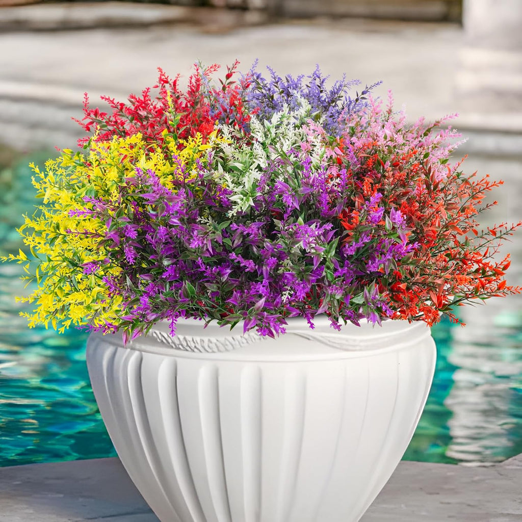 42 Bundles Artificial Plant Outdoor UV Resistant Faux Plants No Fade Fake Plastic Flowers for Outside Home Garden Porch Patio Window Box Hanging Planters Summer Decor