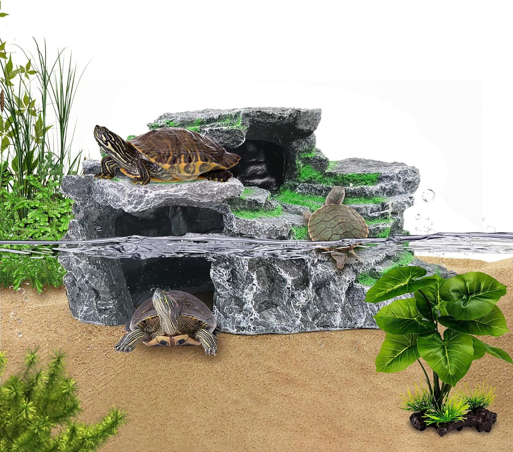 Turtle Basking Platform, Reptile Habitat Hideout, Decorative Resin for Aquarium & Terrarium, Including Artificial Plant and Cleaning Brush.(C-Medium-Black)