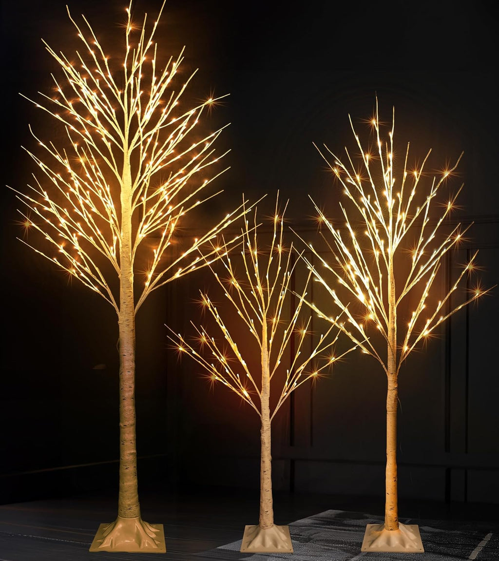 Dazzle Bright 3 Pack Light up Birch Tree, 4FT 96 LED/ 5FT 120 LED/ 8FT 240 LEDs Pre lit Birch Christmas Tree for Xmas Indoor Outdoor Home Party Garden Decor