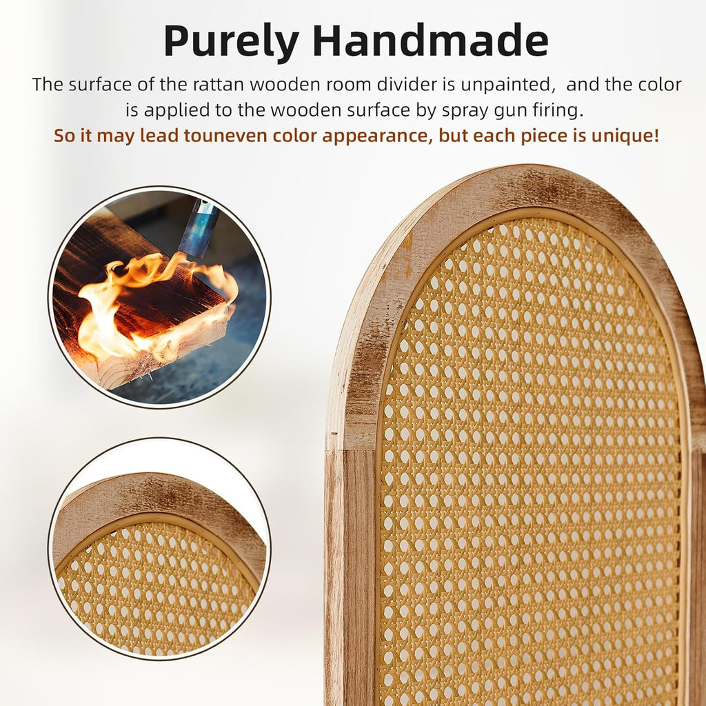 6 Panels Room Divider, Foldable Wooden Room Divider, Individual Privacy Screen Made of Hand-Woven Rattan, Portable Wall Divider for Home Office Bedroom Bathroom Dressing Room (Natural)