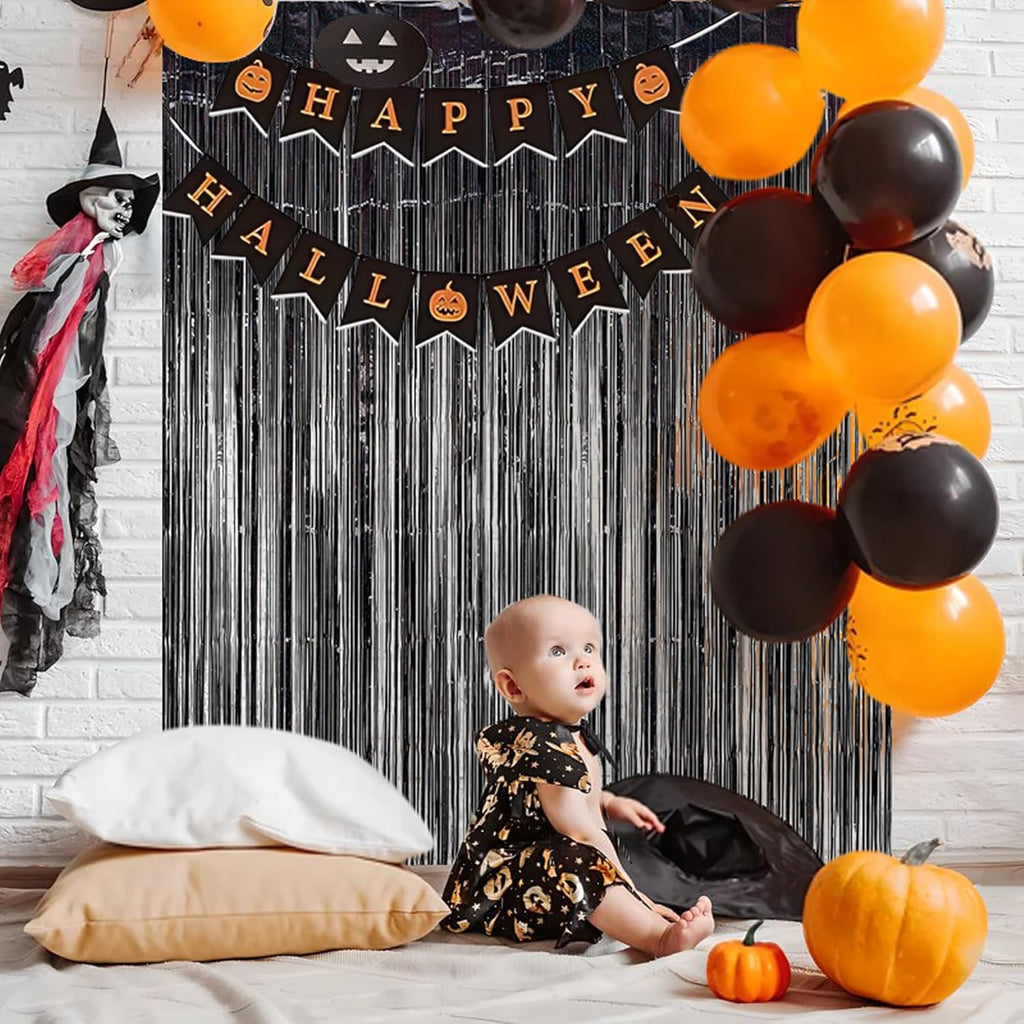 BRAVESHINE Black Party Foil Fringe Curtains - 2 Pack Metallic Tinsel Photo Booth Streamers Backdrop for New Years, Boy, Men, Birthdays, Stranger Theme, Music, Prom, Christmas Party Decorations
