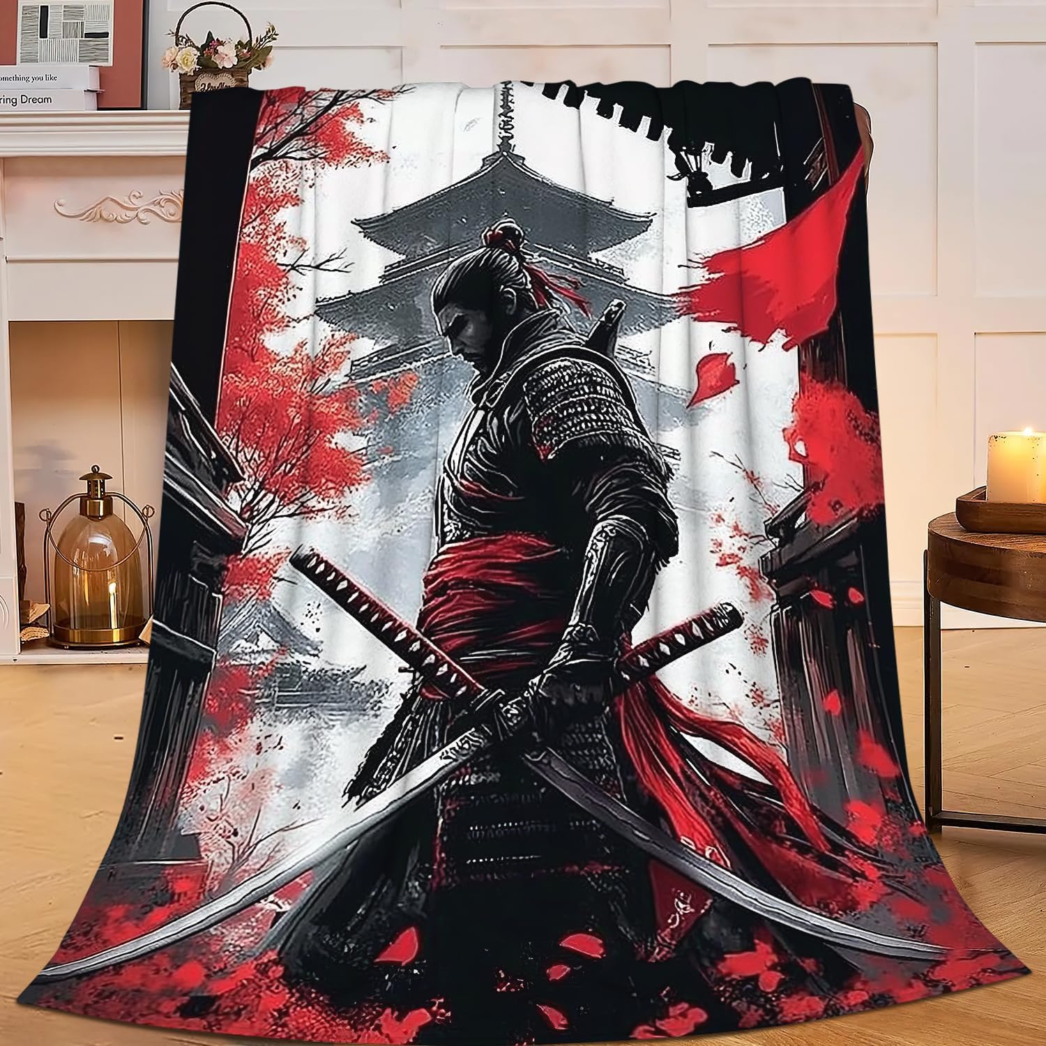 Japanese Blanket Samurai Throw Blanket Warrior Flannel Stuff Merch Cozy Decor Fleece Plush Fuzzy Warm Soft Lightweight Bedding Japan Gifts for Girls Women Men Boy Couch Sofa 80"X60"