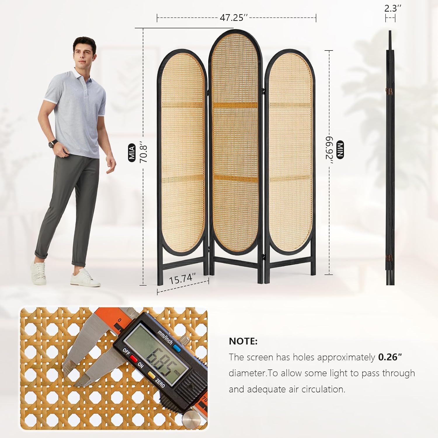 Trifold Room Divider 3 Panel, Folding Room Divider Panel, Rattan Divider Wall, Unique Design Divider Room Screens, Foldable Privacy Screen, Portable Freestanding Partitions Screen (Black)