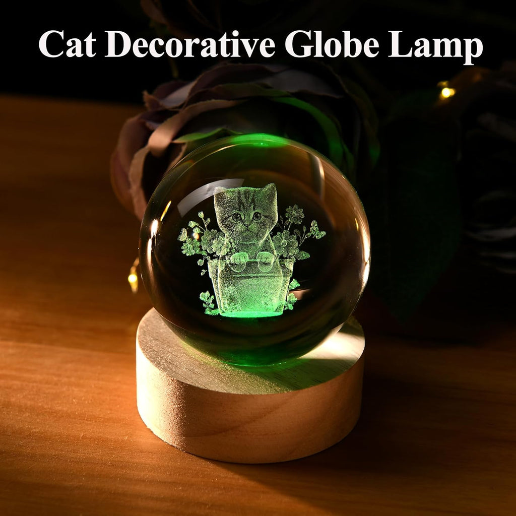 IFOLAINA 3D Flower Pot Cat Crystal Ball Cat Lover Gifts for Women Girl Birthday Christmas Cute Crystal Pet Sphere Decor