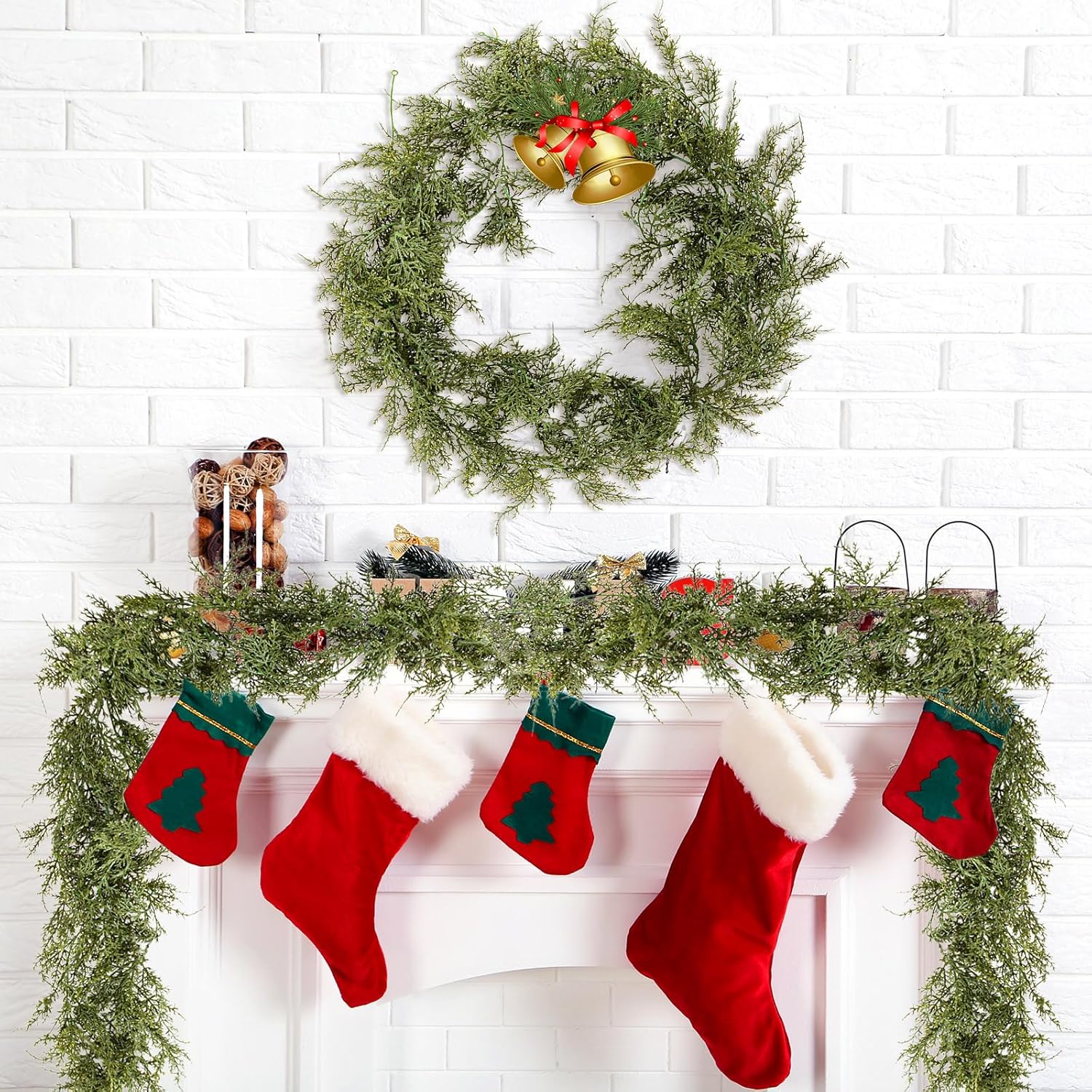 12 Pcs 5.6ft Artificial Christmas Garland Faux Cedar Cypress Garlands Realistic Leaves Hanging Greenery Plant for Christmas Table Fireplace Wall Mantle Indoor Xmas Decor