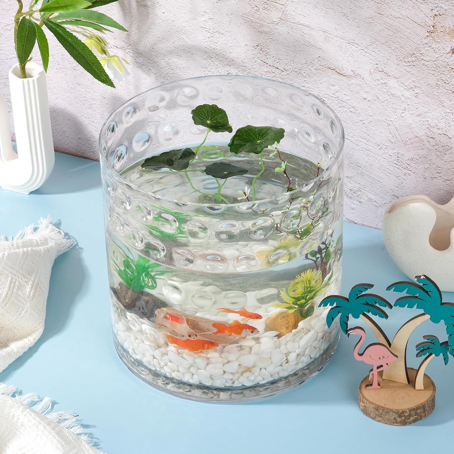 10" Wide 10" High Decorative Glass Cylinder Vase with Dimpled Circle Pattern, 8 Inch Tall, Clear (1, 10"x10")