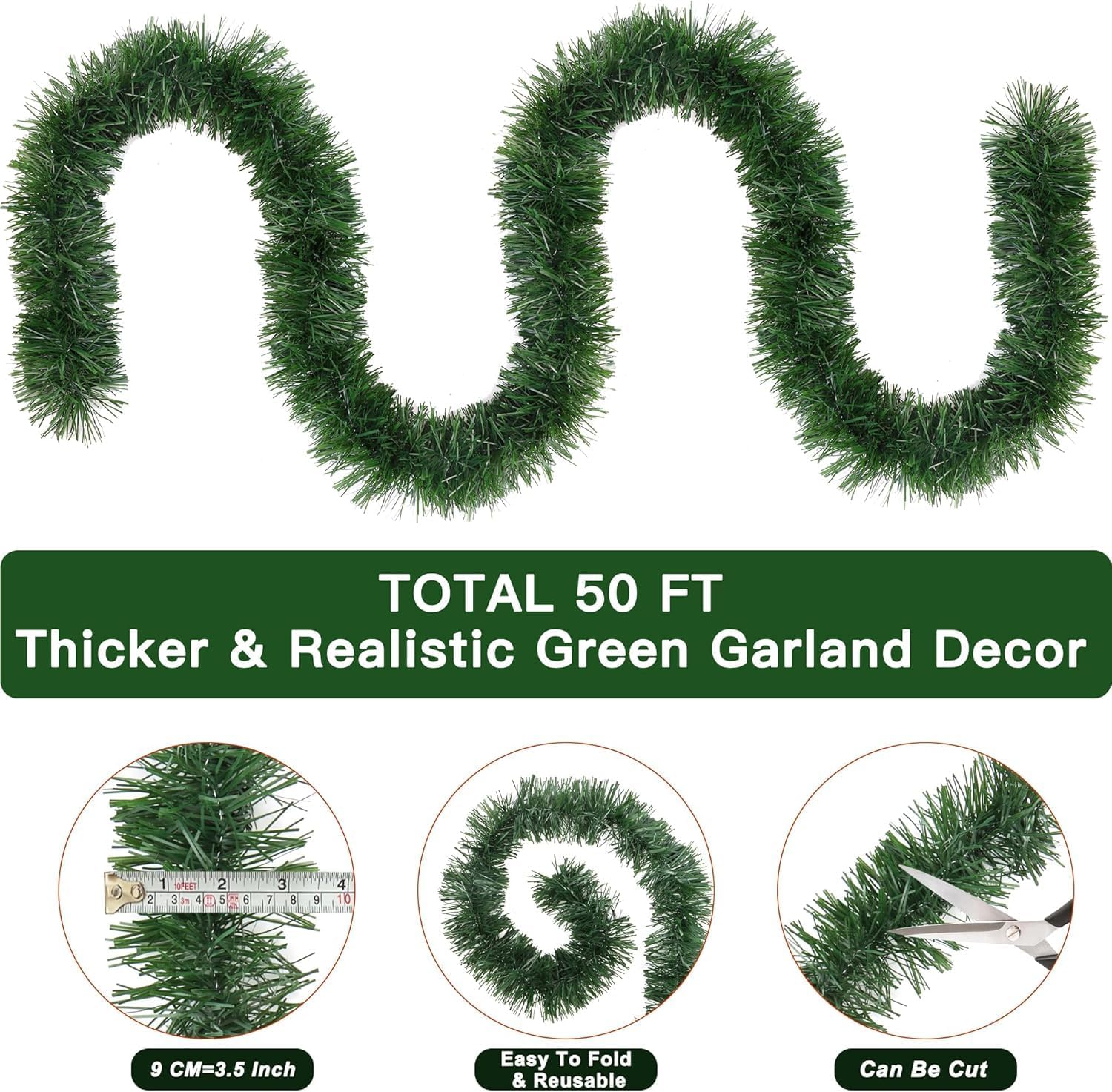 50 Feet Christmas Greenery Garland Decorations, Artificial Green Pine Garlands Xmas Tree Decor Soft Tinsel Garlands Non-Lit for Stairs Mantle Fireplace Home Indoor Outdoor Holiday Party Supplies