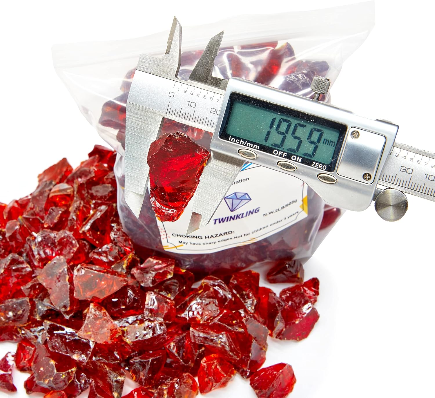 TWINKLING High Luster Fire Glass Gravel Stone,Broken Glass,Fire Pit Glass,Crushed Glass for Fireplace Pit Aquarium Garden Decoration,1-3cm,2-Pound Jar (Red)
