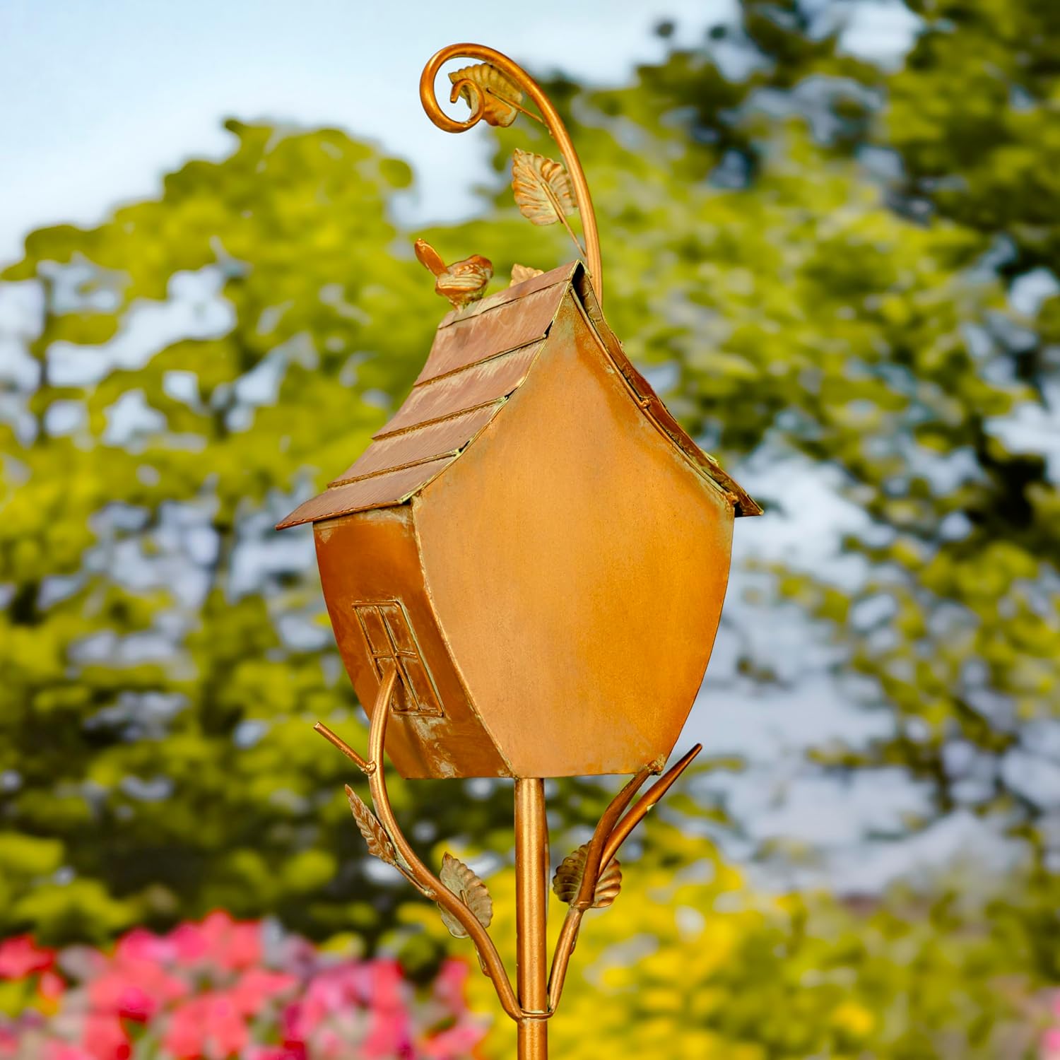 Copper Colored Fancy Design Birdhouse Garden Stakes (Curvy Acorn Shape)