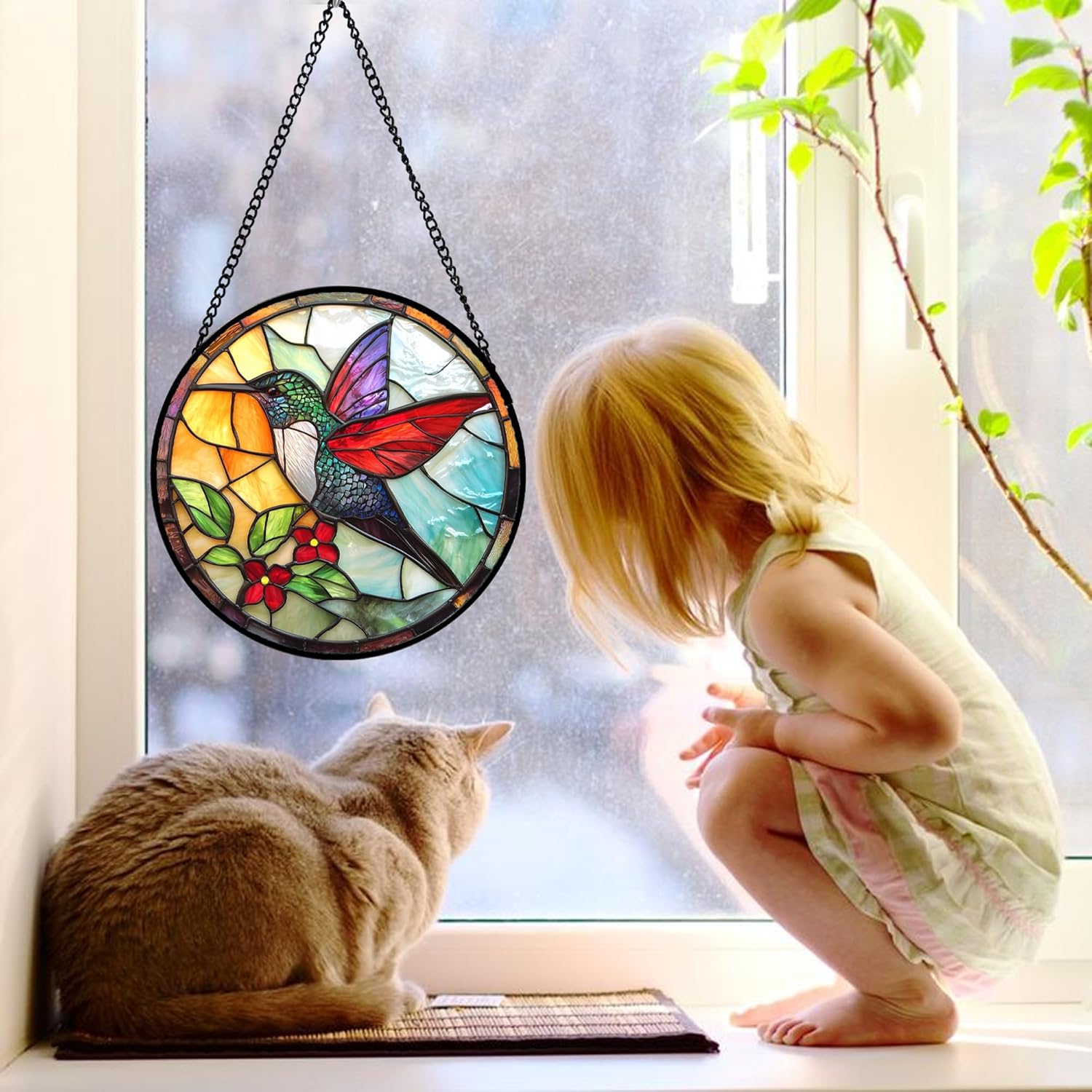 Stained Glass Window Hanging, Hummingbird Gifts Sun Catchers Diamond Glass Panel Hangings Birds Suncatcher Decor for Birthday for Women, Men, Wife, Aunt, and Mom 9.8X9.8IN