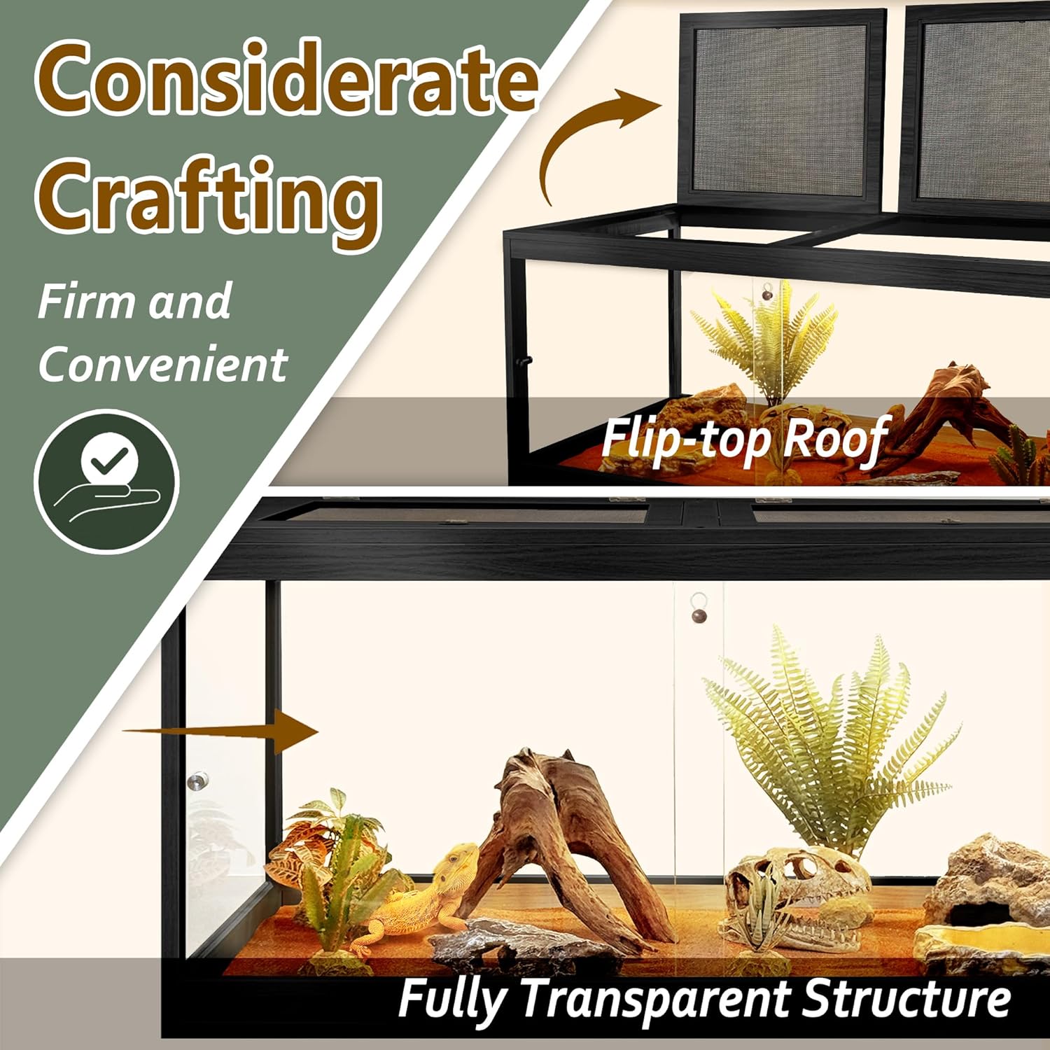 PROLEE Bearded Dragon Tank,28 Gallon Tempered Glass Reptile Tank with Mesh Roof and Front Sliding Door, Anti-Scratch Lizard Tank,Spacious Reptile Enclosure for Snakes,Lguanas, Chameleons(Black)