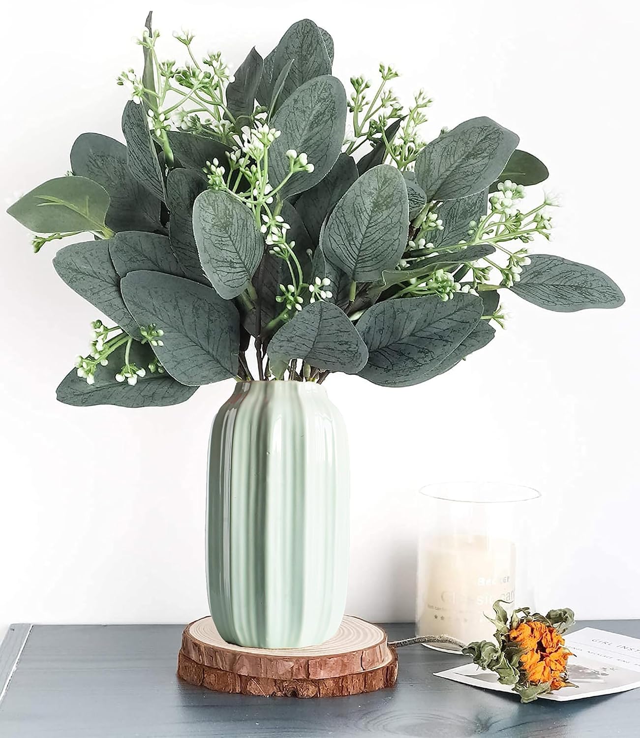 64 PCS Artificial Greenery Stems,Silver Dollar Eucalyptus Stems with 384 Eucalyptus Leaves White Seed Branches for Flower Arrangements,Wedding Bouquets