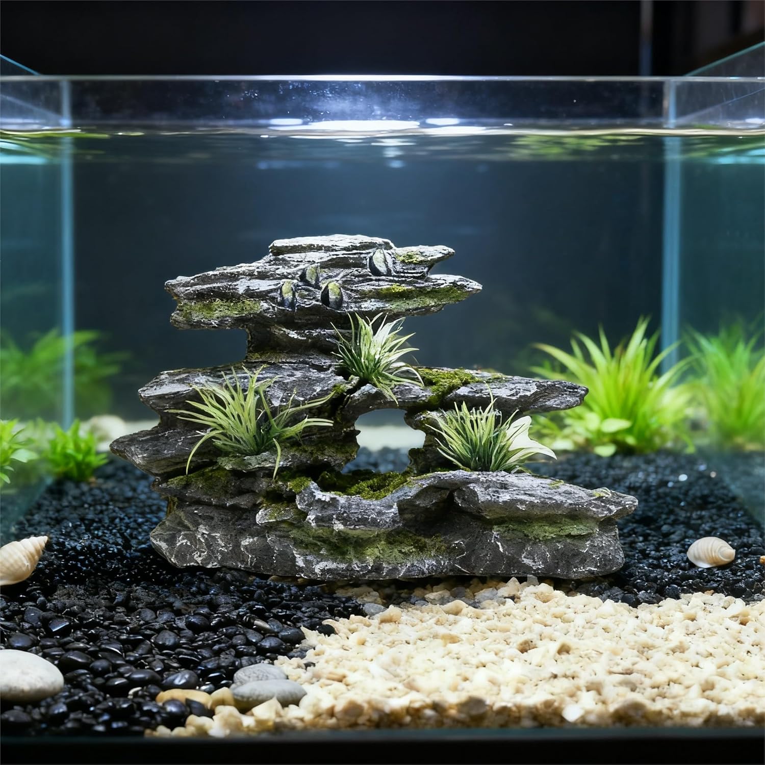Fish Tank Mountain View Stone Ornament, Large Premium Aquarium Decor, Multi-Functional Spot for Betta, Snails, Turtles to Rest, Play & Basking