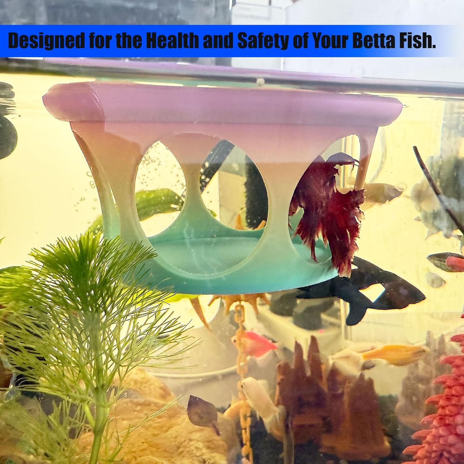 Floating Betta Fish Hideaway, Aquarium Suspended Resting Spot, Feeder for Small Fish and Shrimp, 3D Printed, Decorative Floating Cave Accessory for Aquariums. (Color)