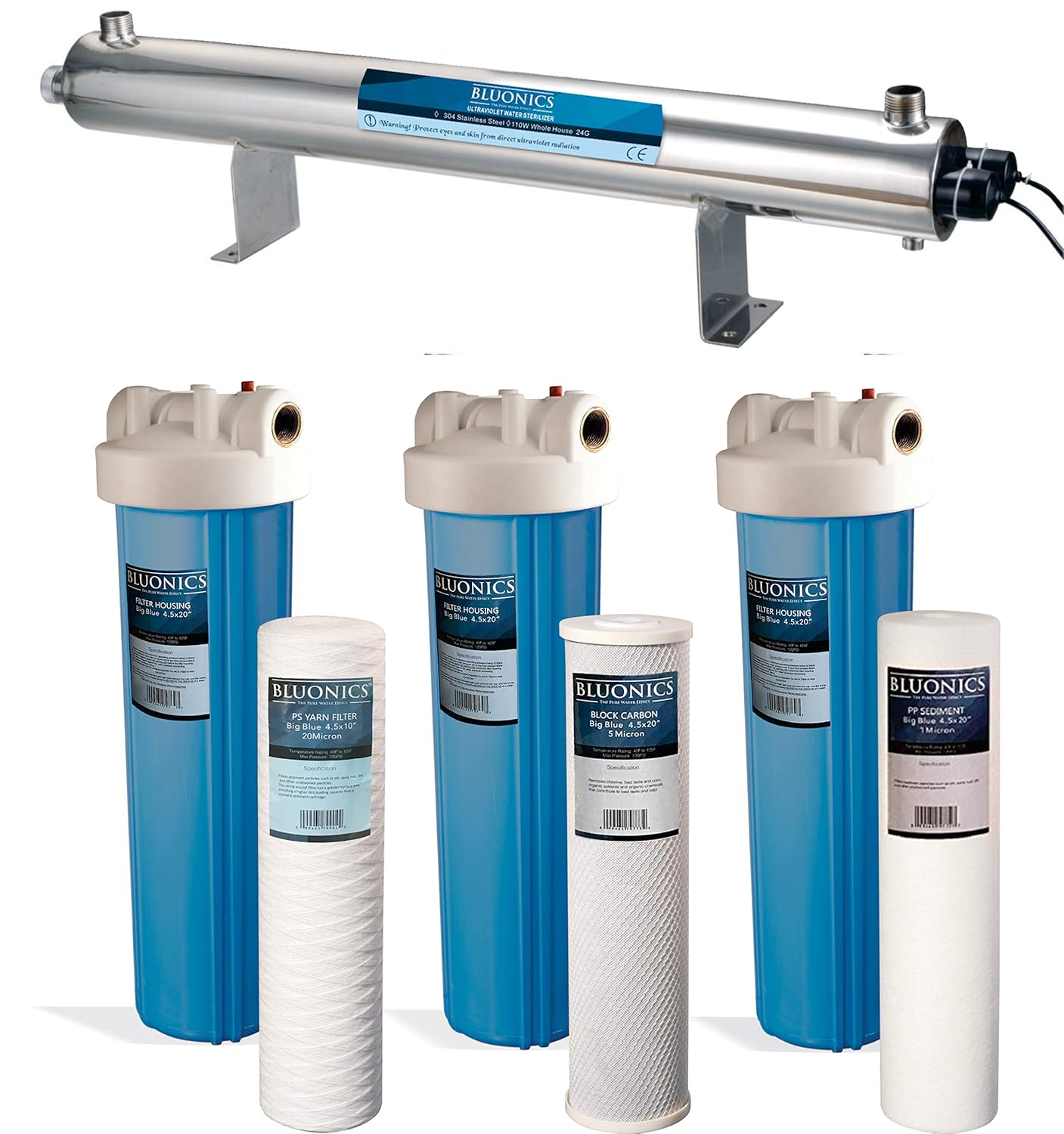 Bluonics 110W UV Ultraviolet Light Plus Sediment and Carbon Well Water Filter Purifier System with NPT 1" Ports, 24 GPM UV with 3 Filter Size 4.5” x 20" Filters