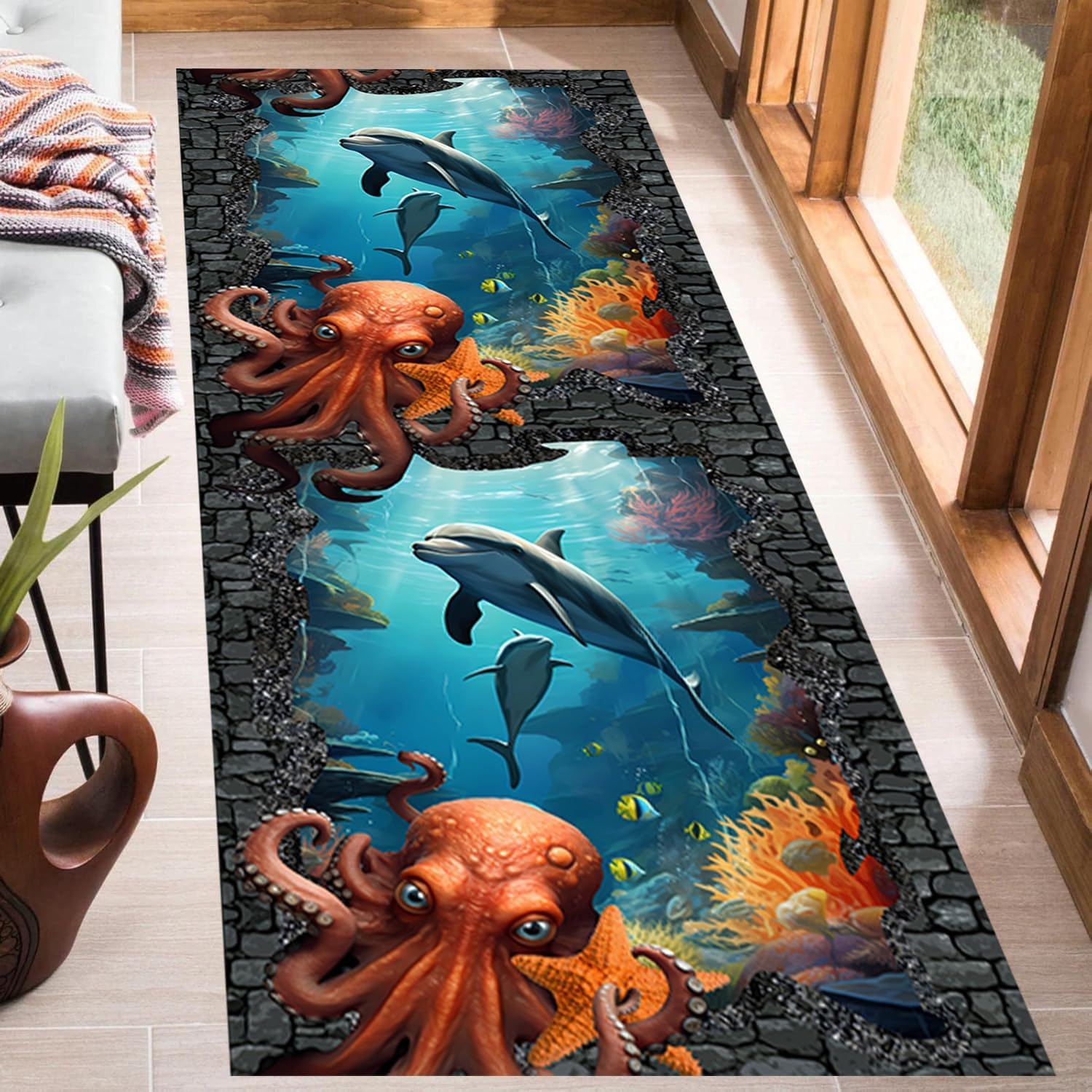 Ocean Octopus Runner Rug, 4x10ft, 3D Illusion Trap Ocean Nautical Whale Nautical Rug, Washable Rug Soft Non-Slip Octopus Rug Runners for Hallway Boys Girls Bedroom Game Mat