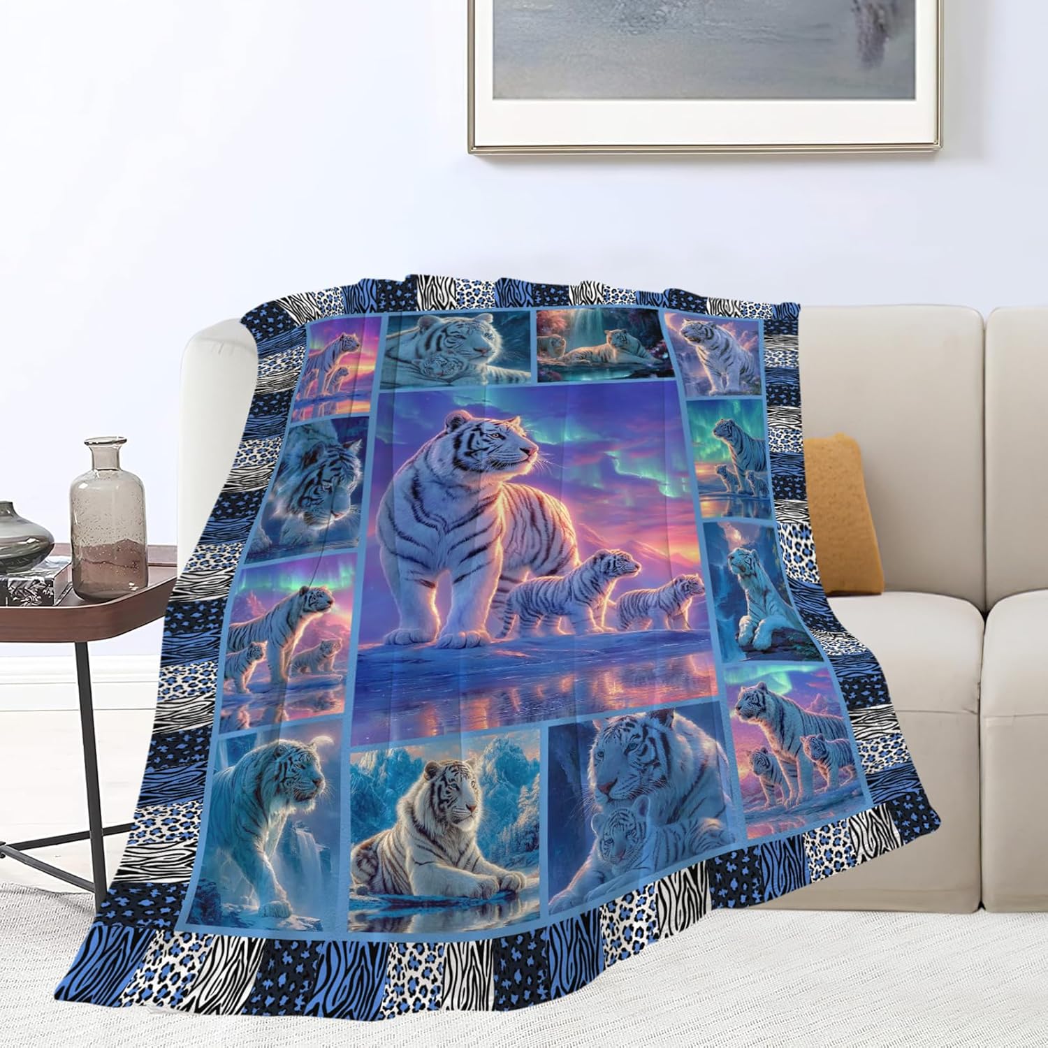 White Tiger Throw Blanket White Tiger Stuff Gifts for Kids Girls Boys Adults Women Men Soft Cozy Warm Plush Fluffy Fuzzy Fleece Blanket Decor 50''X60''