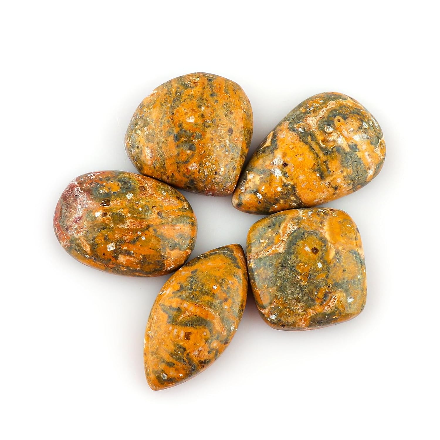 CRYSTALIS 5pcs Natural Leopard-Skin-Jasper Loose Gemstone Wholesale Bulk Cabochons Jewelry Making Supply, Chakra Healing Polished Stones, Wire Wrapping, DIY, Gem Collection, Mix-Shape