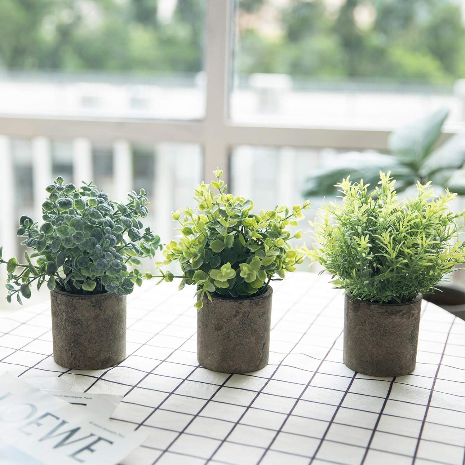 THE BLOOM TIMES Set of 3 Small Potted Artificial Plants Plastic Fake Greenery Faux Plants in Pots for Rustic Home Office Desk Farmhouse Bathroom Kitchen Indoor Decor